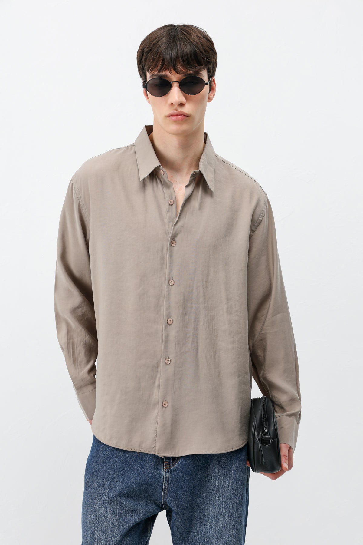 Modal Kumaş Oversize Gömlek Vizon