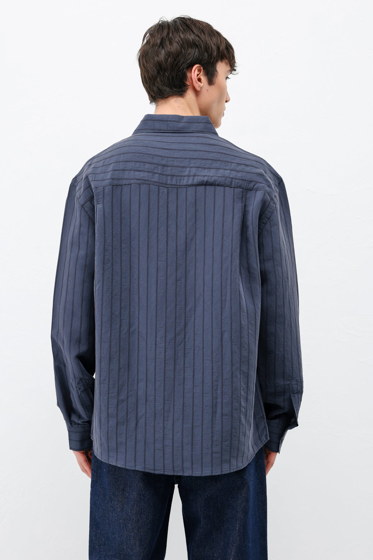 Modal Kumaş Çizgili Oversize Gömlek Lacivert