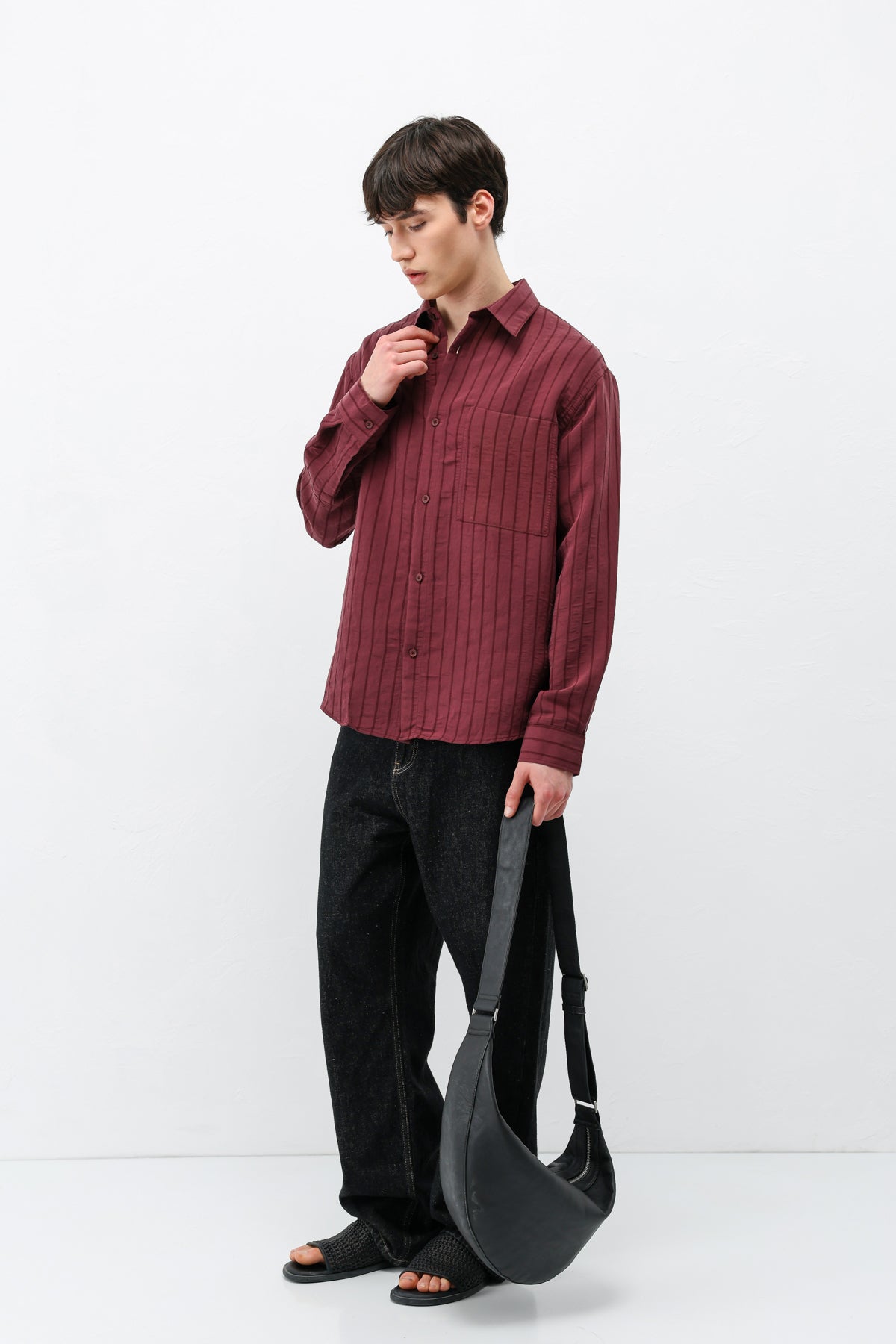 Modal Kumaş Çizgili Oversize Gömlek Bordo