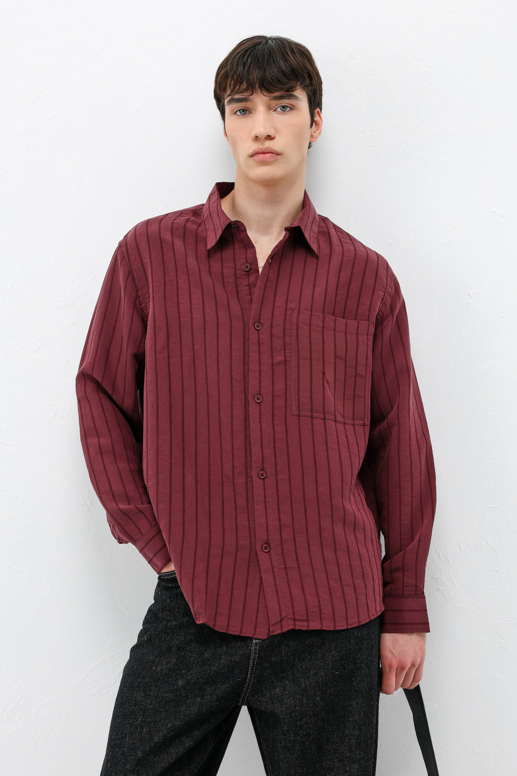 Modal Kumaş Çizgili Oversize Gömlek Bordo