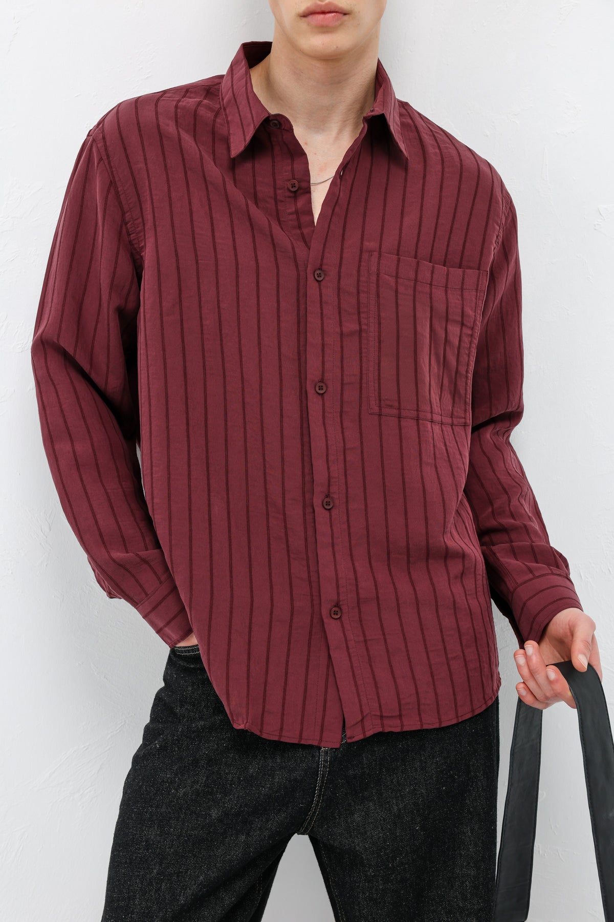 Modal Kumaş Çizgili Oversize Gömlek Bordo