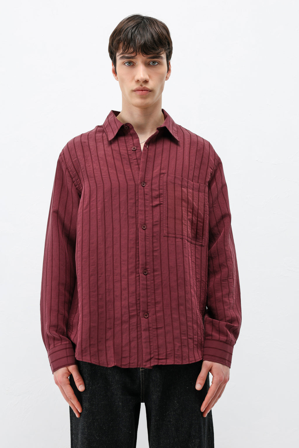 Modal Kumaş Çizgili Oversize Gömlek Bordo