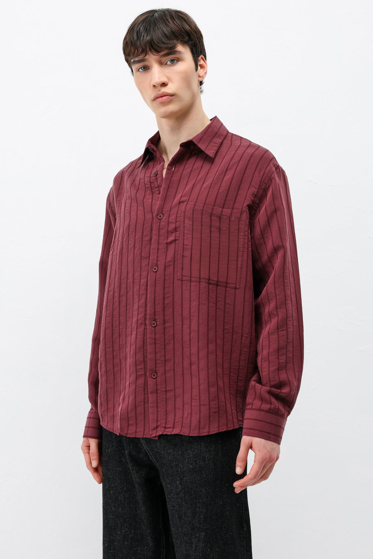 Modal Kumaş Çizgili Oversize Gömlek Bordo