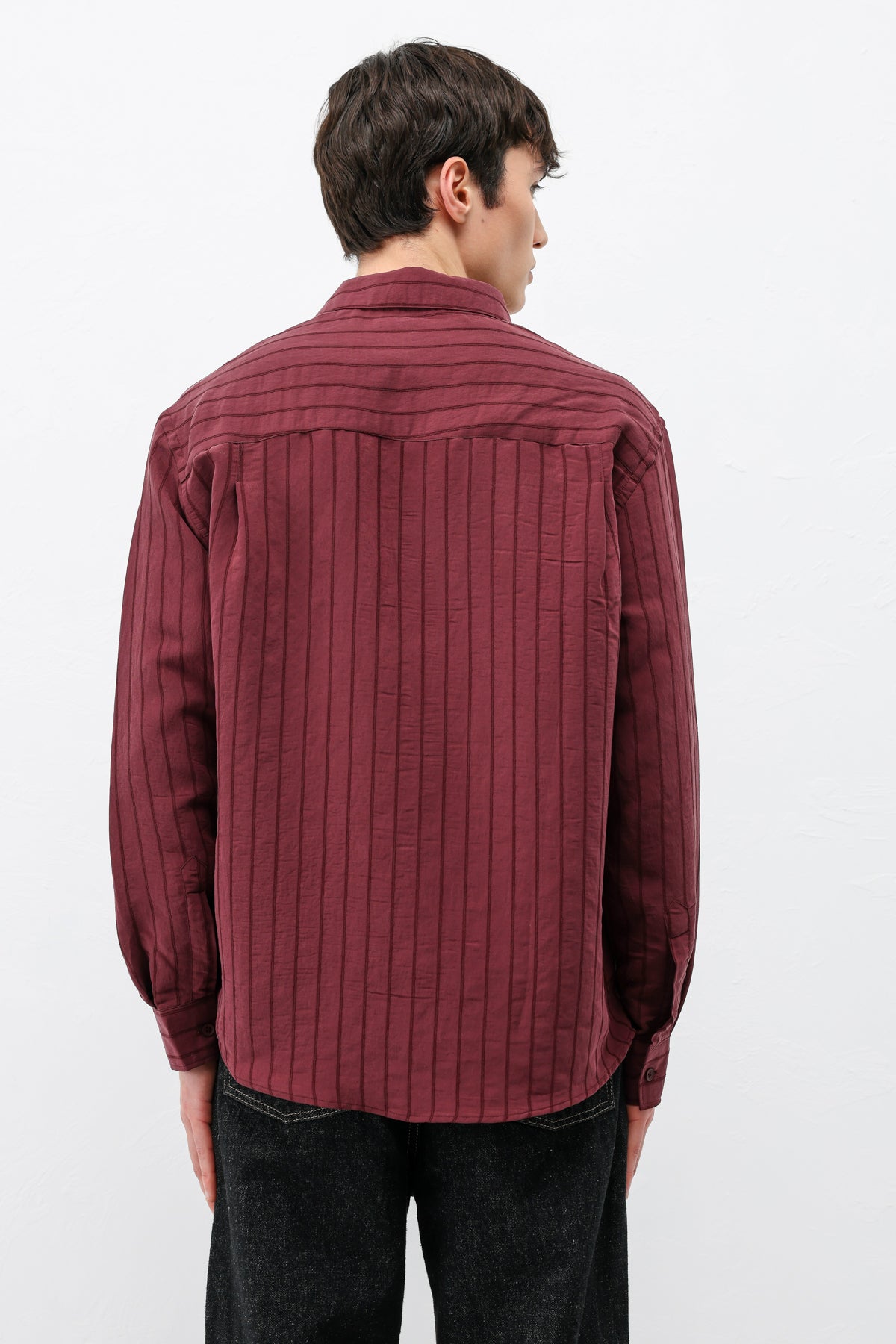 Modal Kumaş Çizgili Oversize Gömlek Bordo