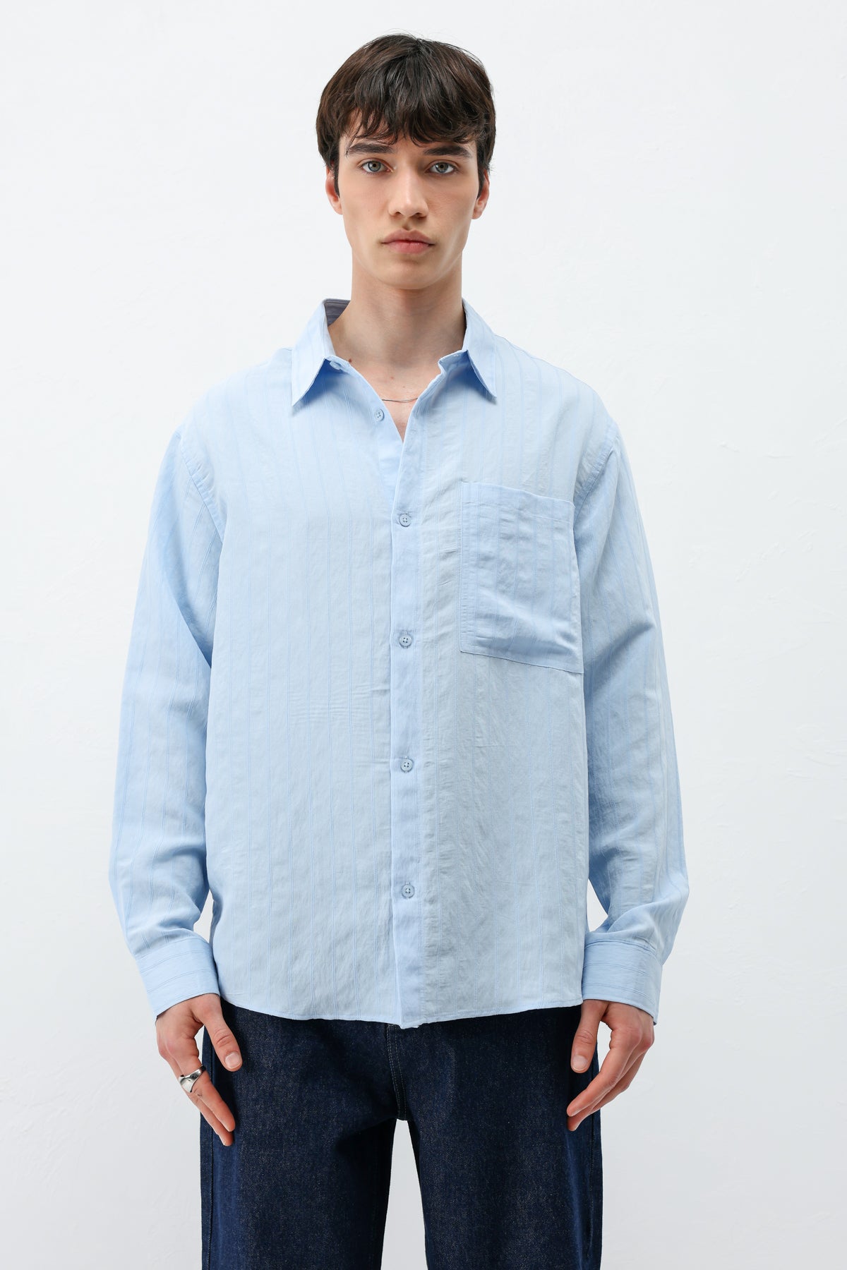 Modal Kumaş Çizgili Oversize Gömlek Bebe Mavi