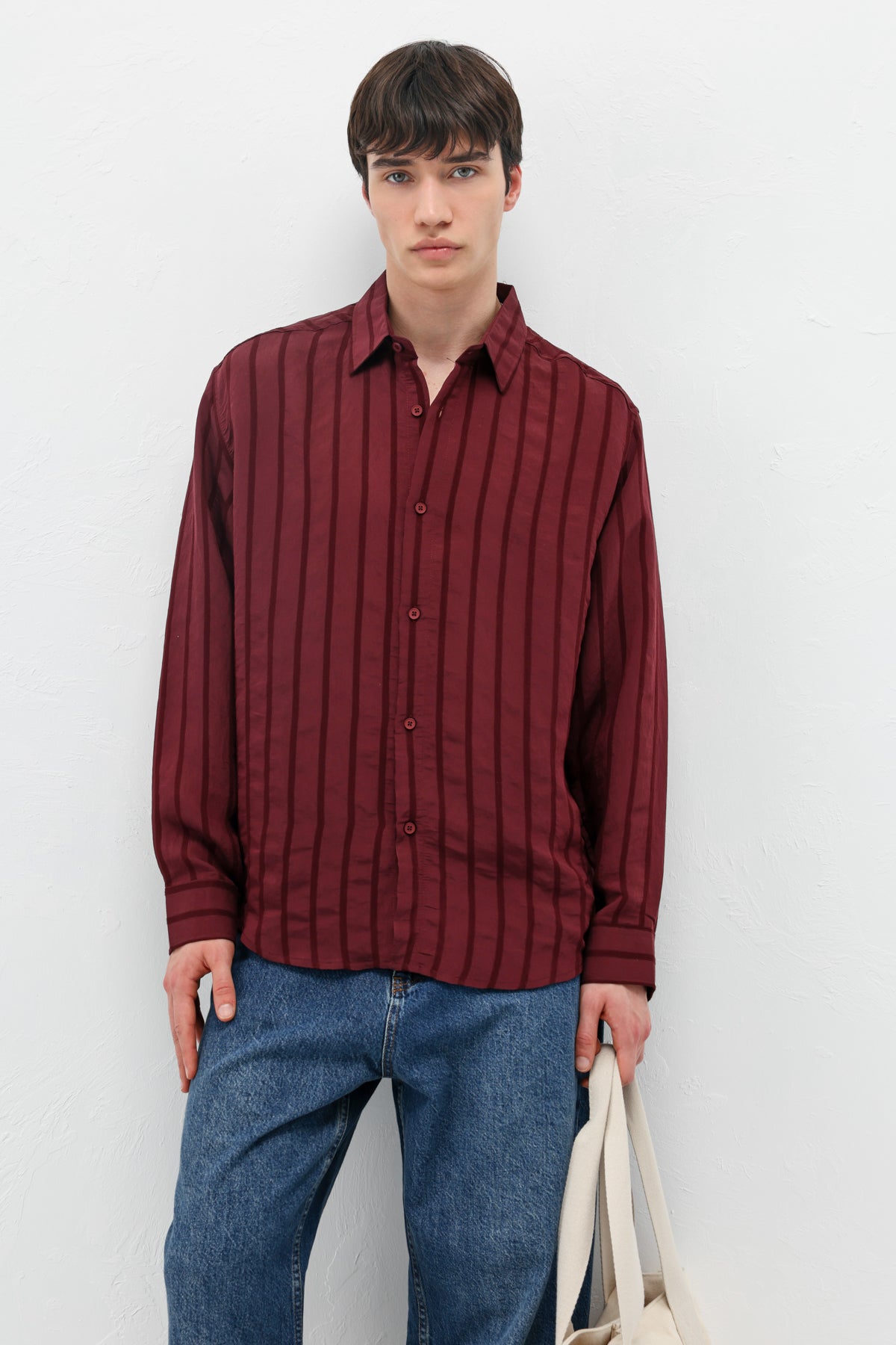 Çizgili Oversize Gömlek Bordo