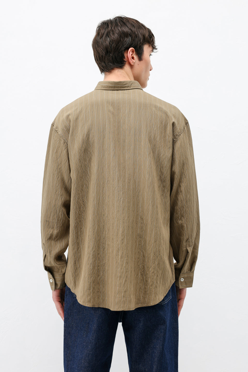 Çizgili Müslin Kumaş Oversize Gömlek Haki