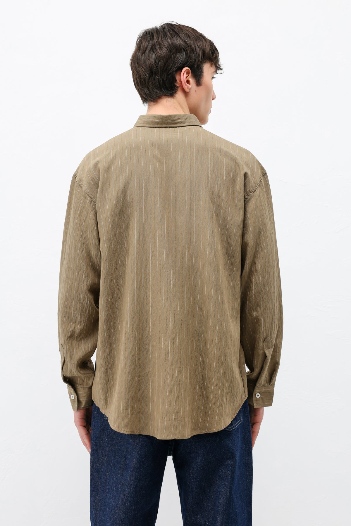 Çizgili Müslin Kumaş Oversize Gömlek Haki