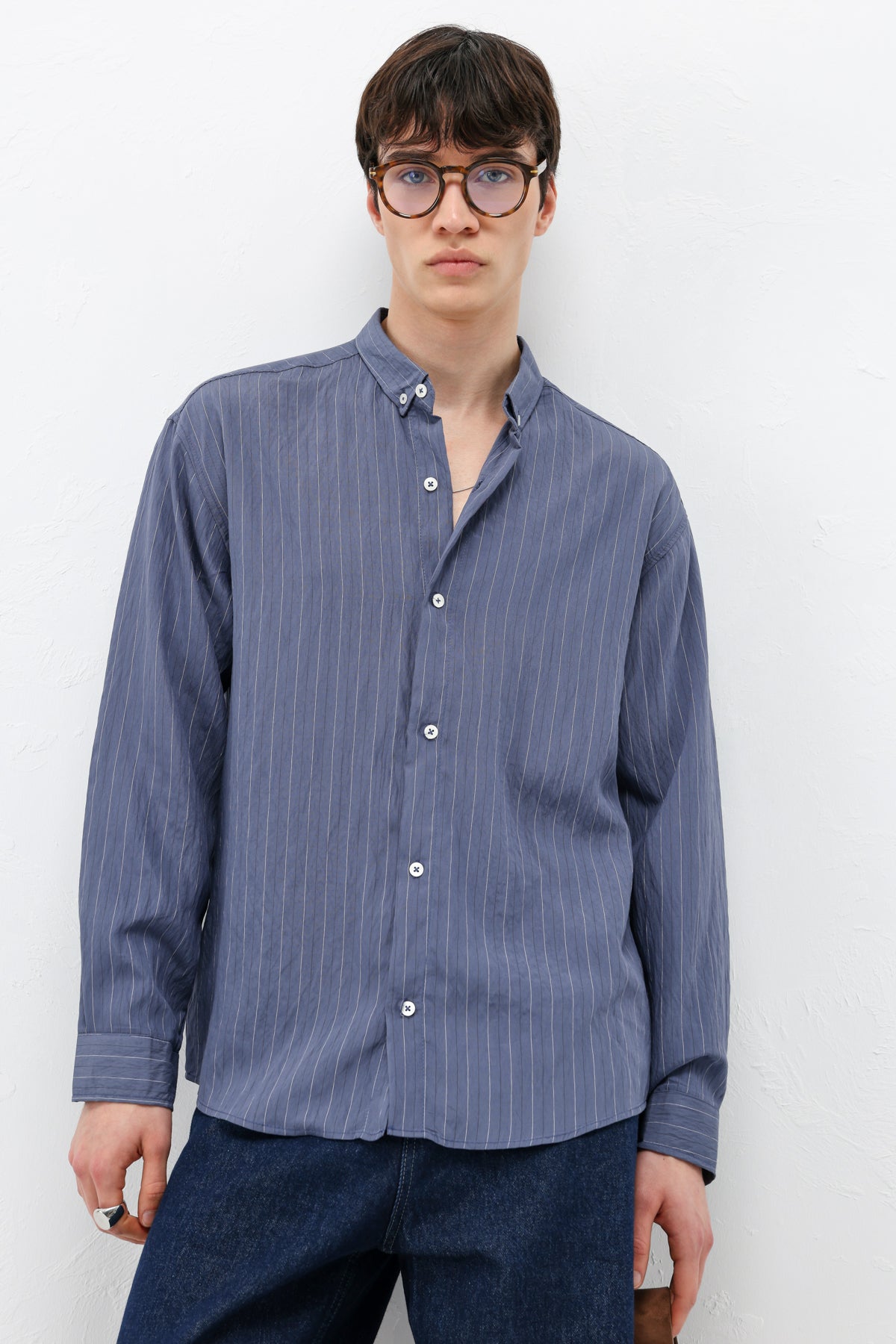 Çizgili Müslin Kumaş Oversize Gömlek Indigo