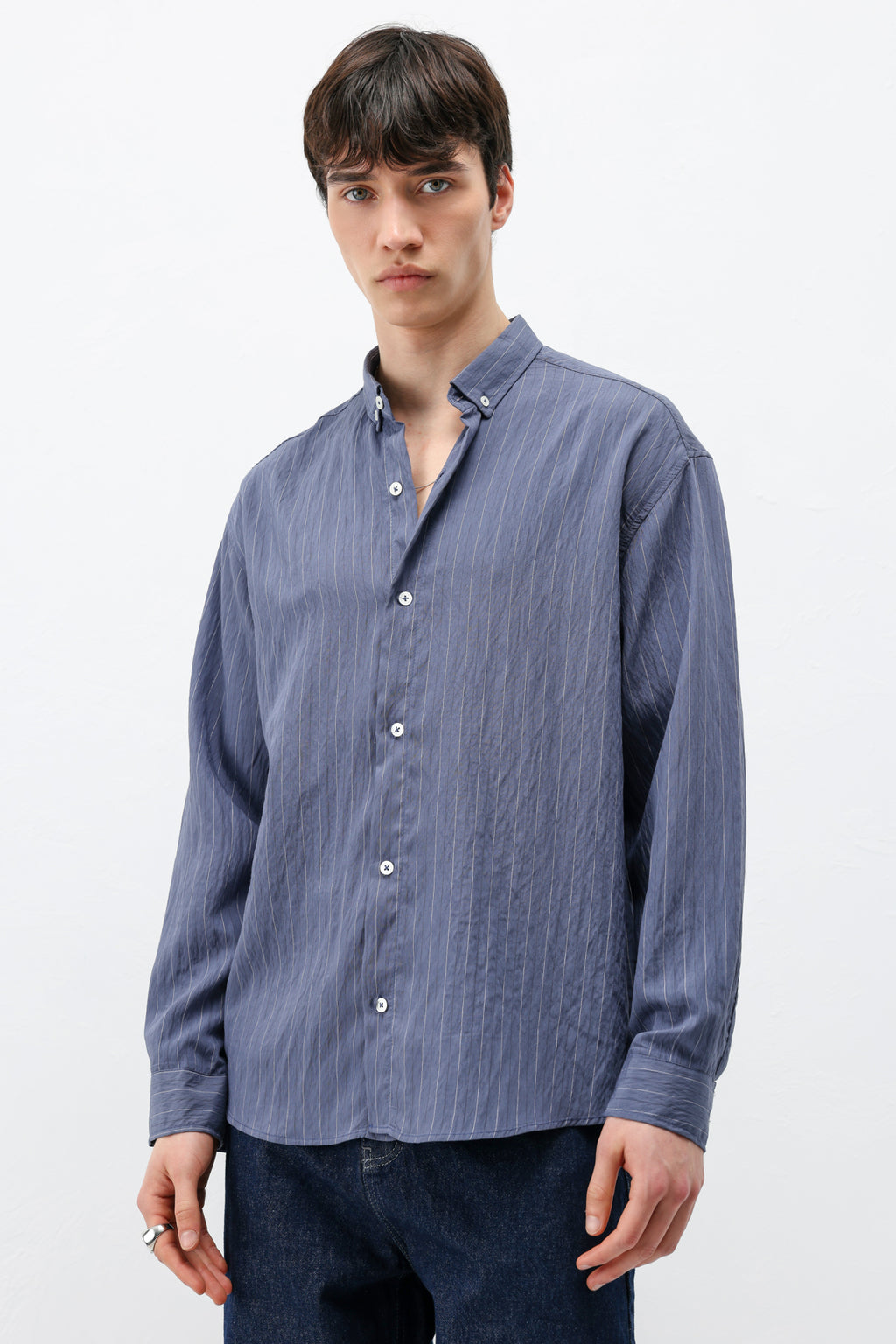 Çizgili Müslin Kumaş Oversize Gömlek Indigo