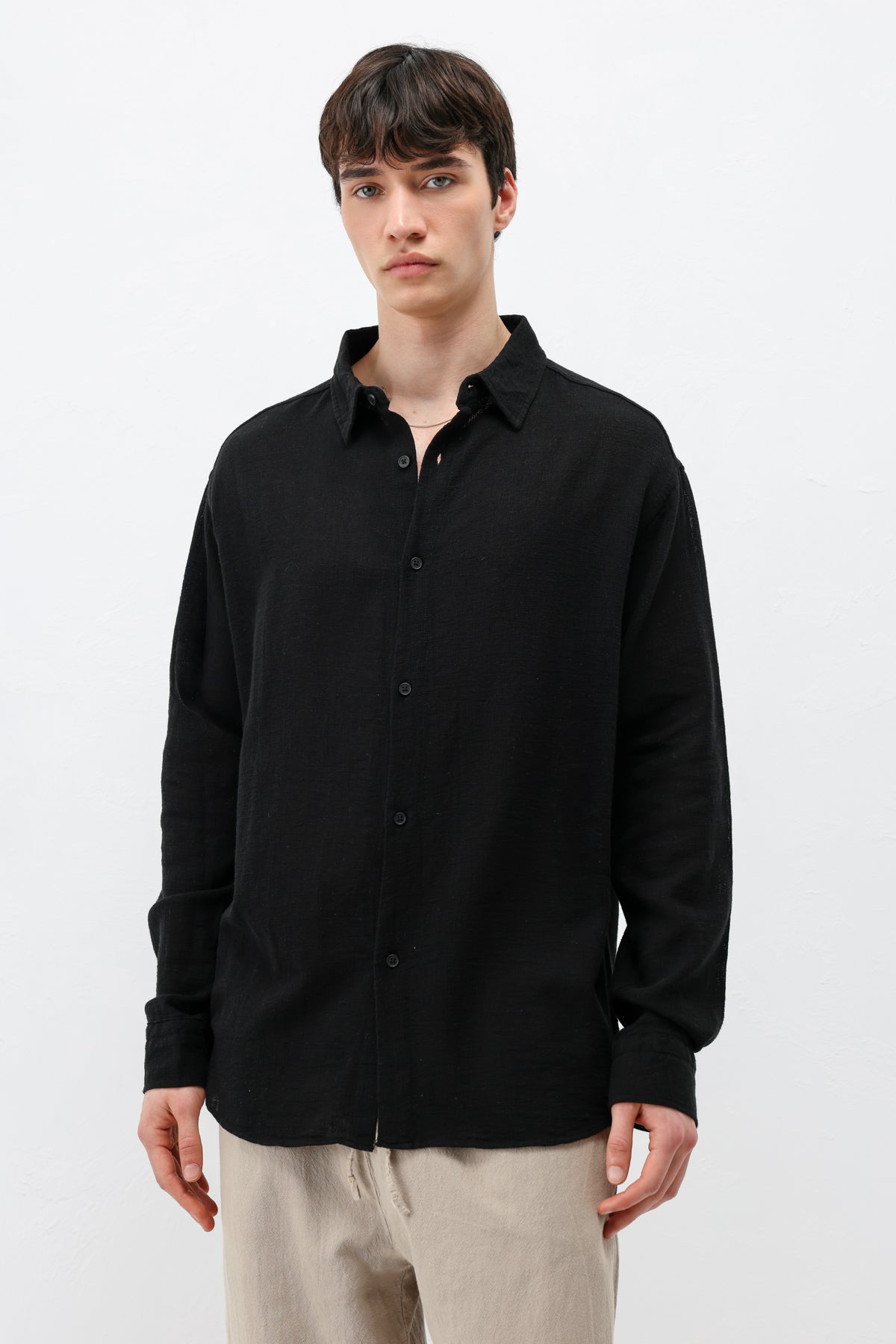 Basic Keten Oversize Gömlek Siyah