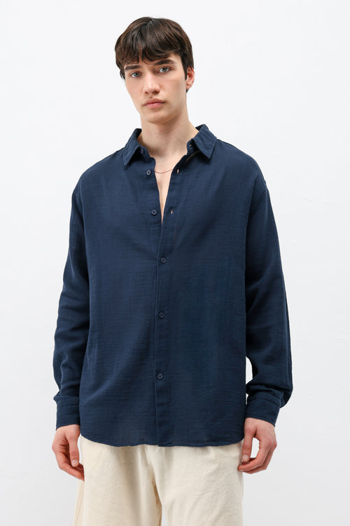 Basic Keten Oversize Gömlek Lacivert