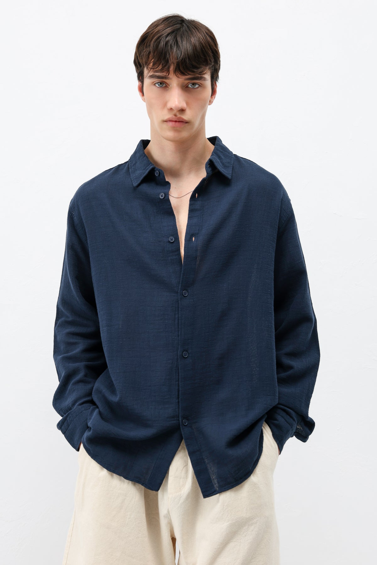 Basic Keten Oversize Gömlek Lacivert