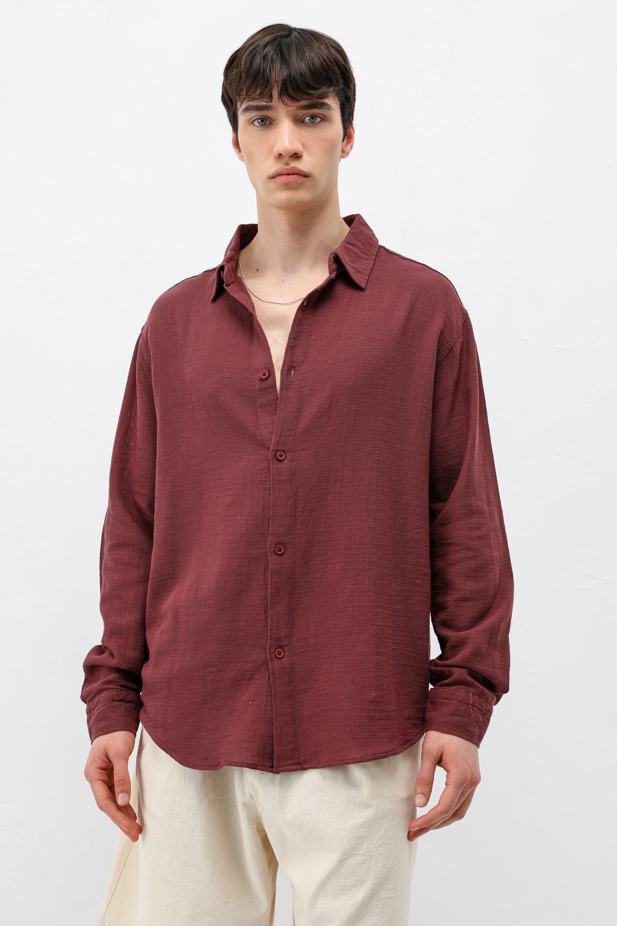 Basic Keten Oversize Gömlek Bordo