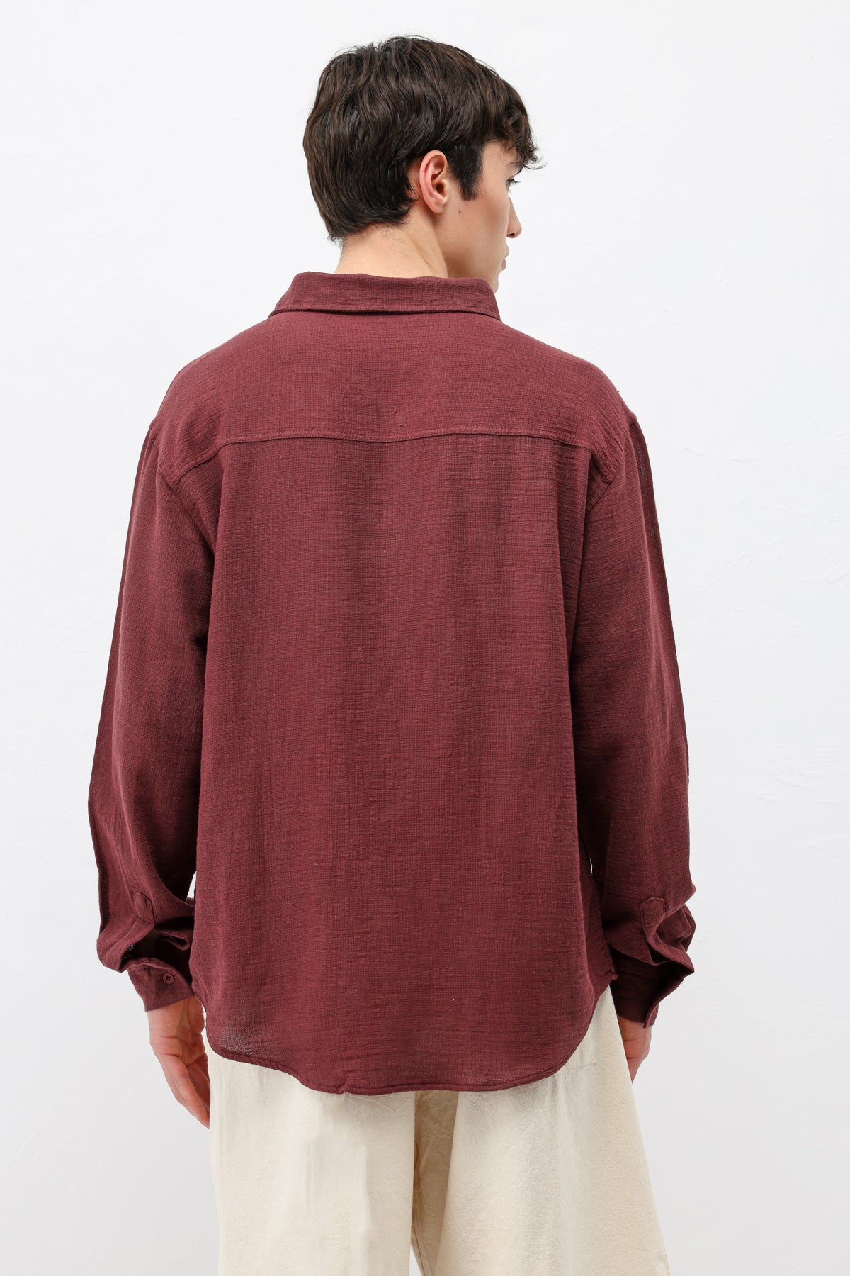 Basic Keten Oversize Gömlek Bordo