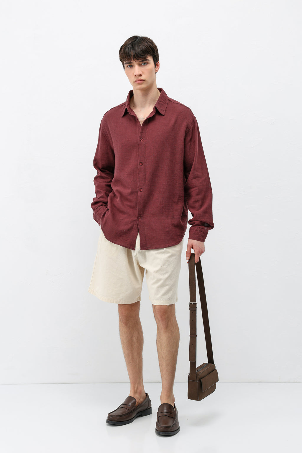 Basic Keten Oversize Gömlek Bordo