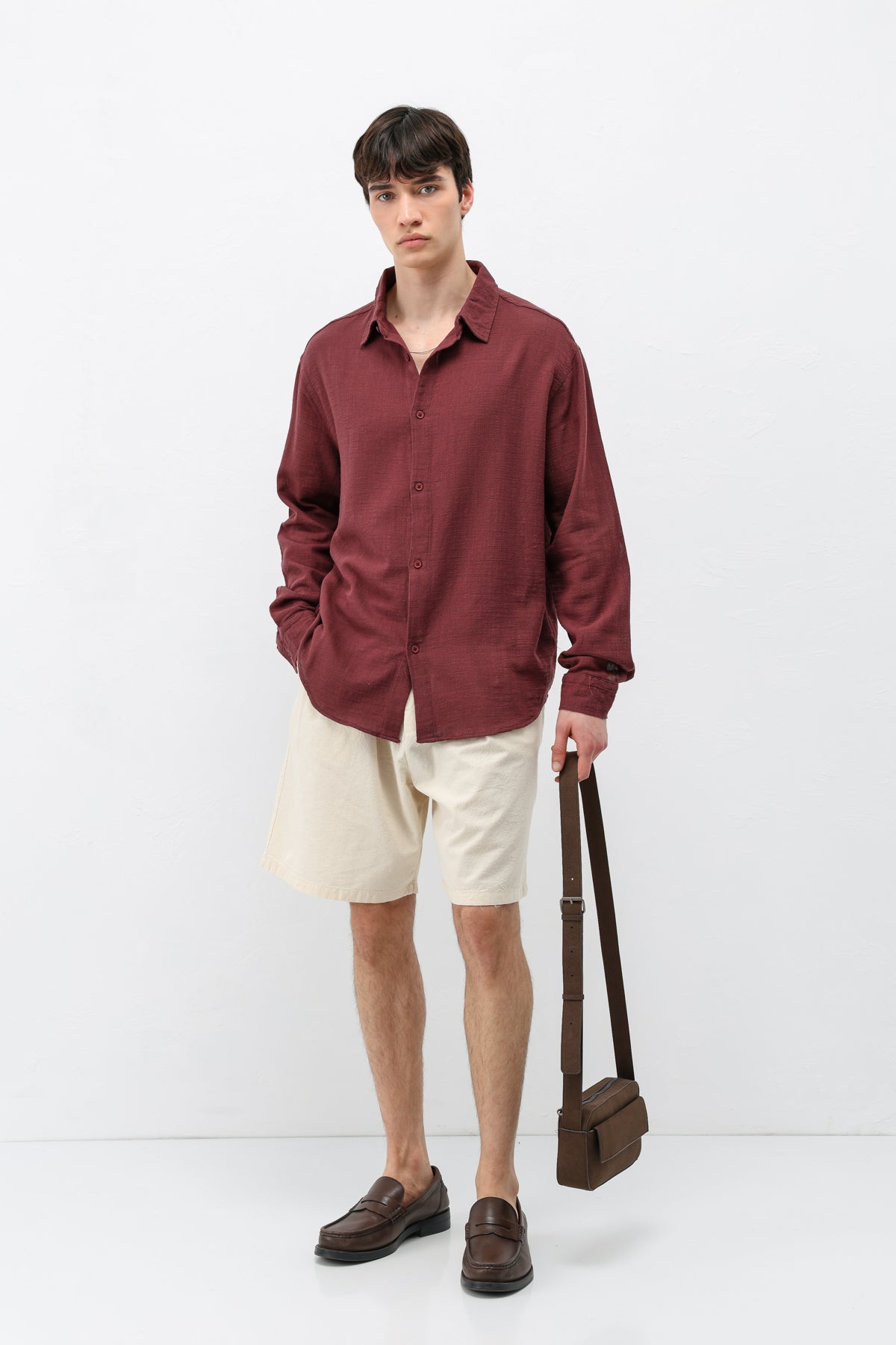 Basic Keten Oversize Gömlek Bordo