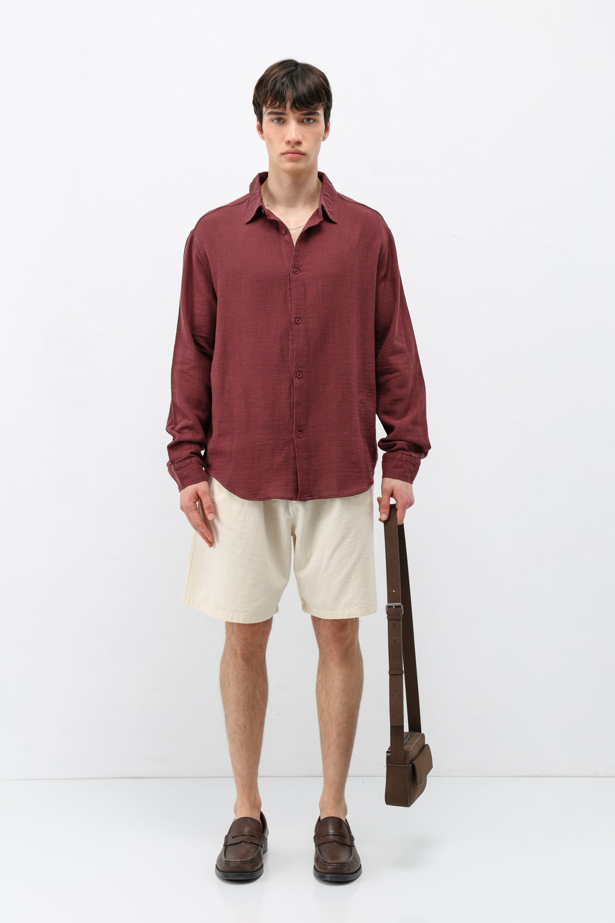 Basic Keten Oversize Gömlek Bordo