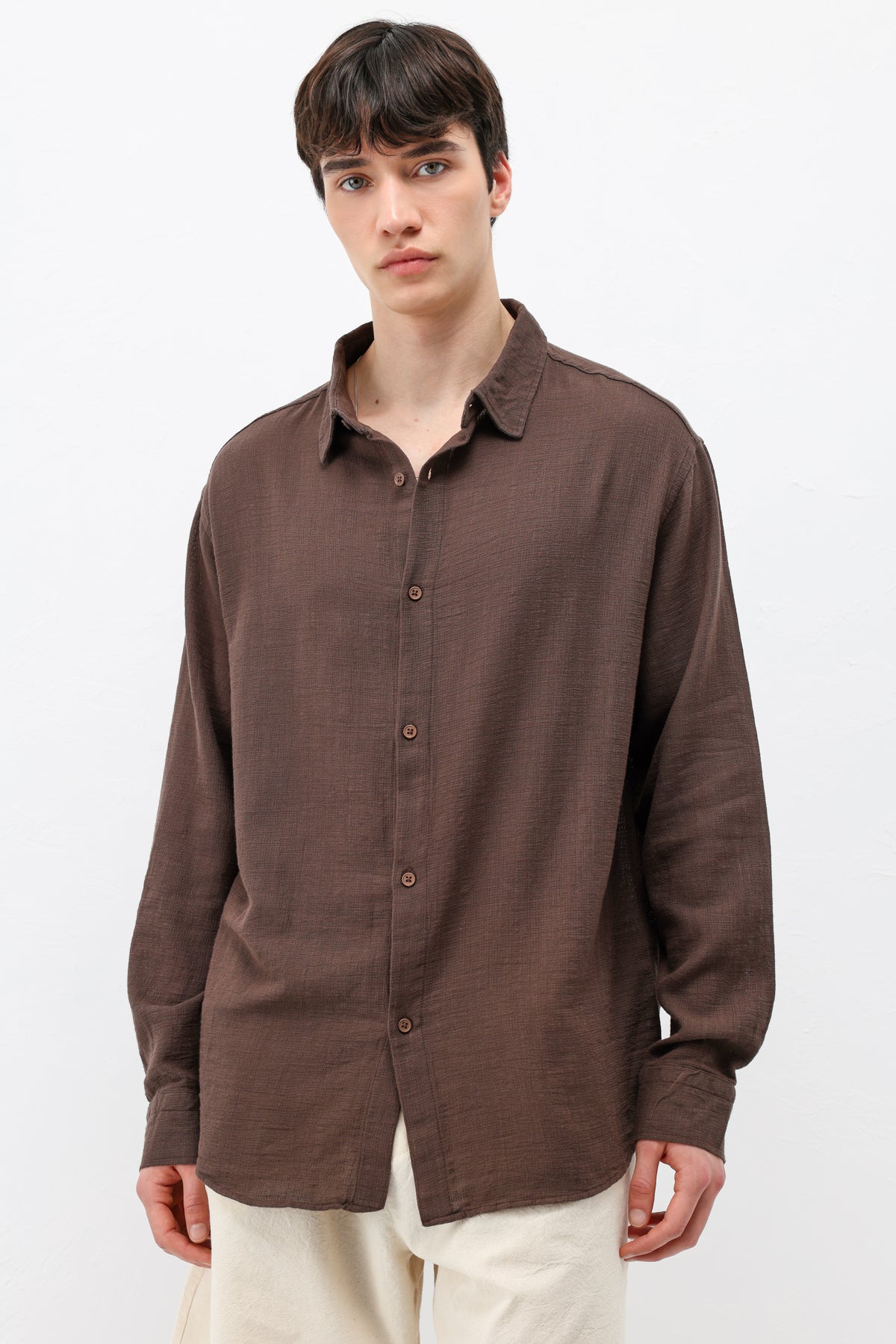 Basic Keten Oversize Gömlek Kahve