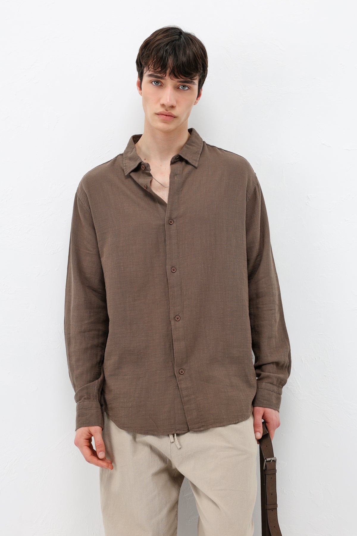 Basic Keten Oversize Gömlek Açık Kahve