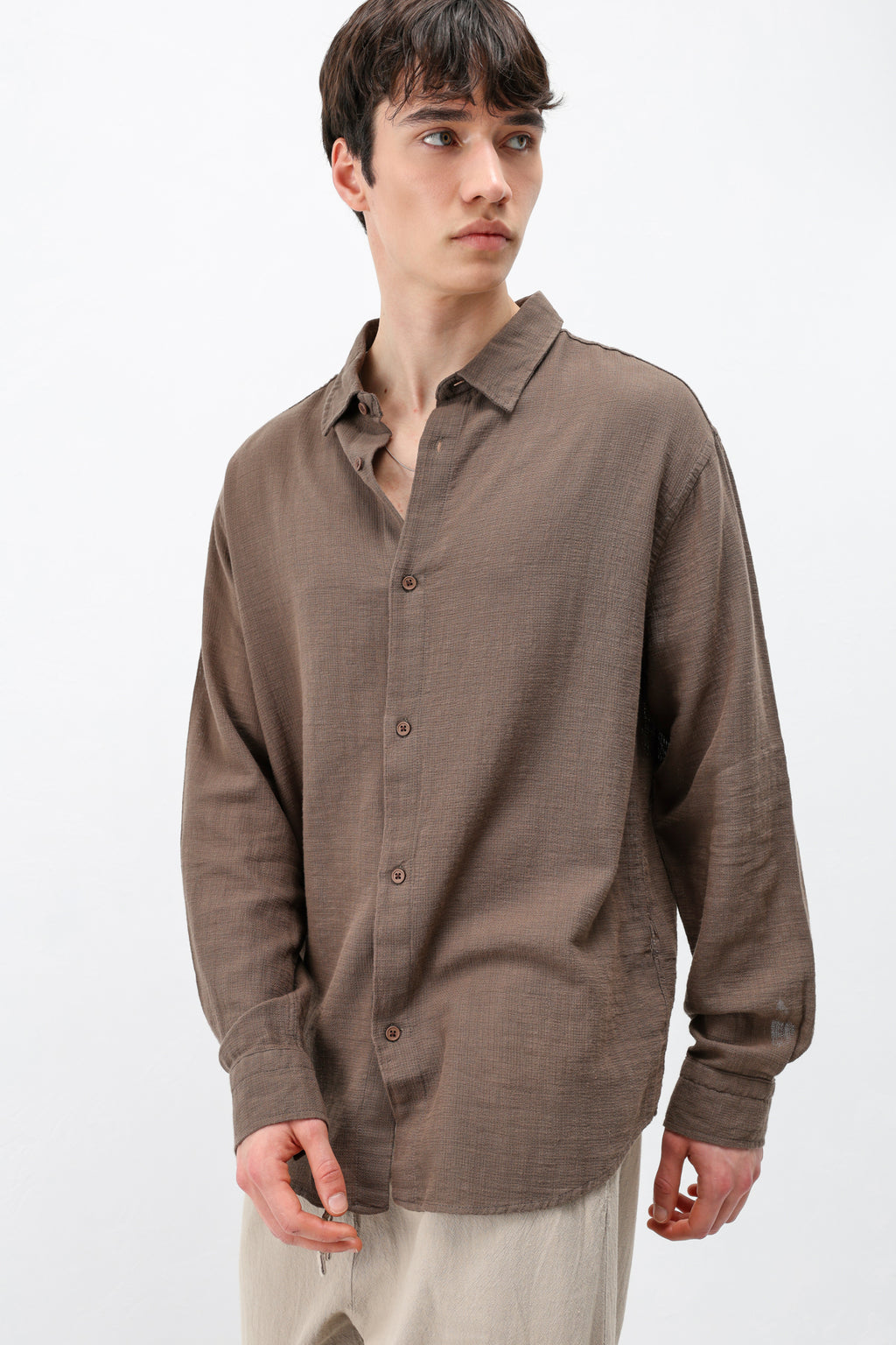 Basic Keten Oversize Gömlek Açık Kahve