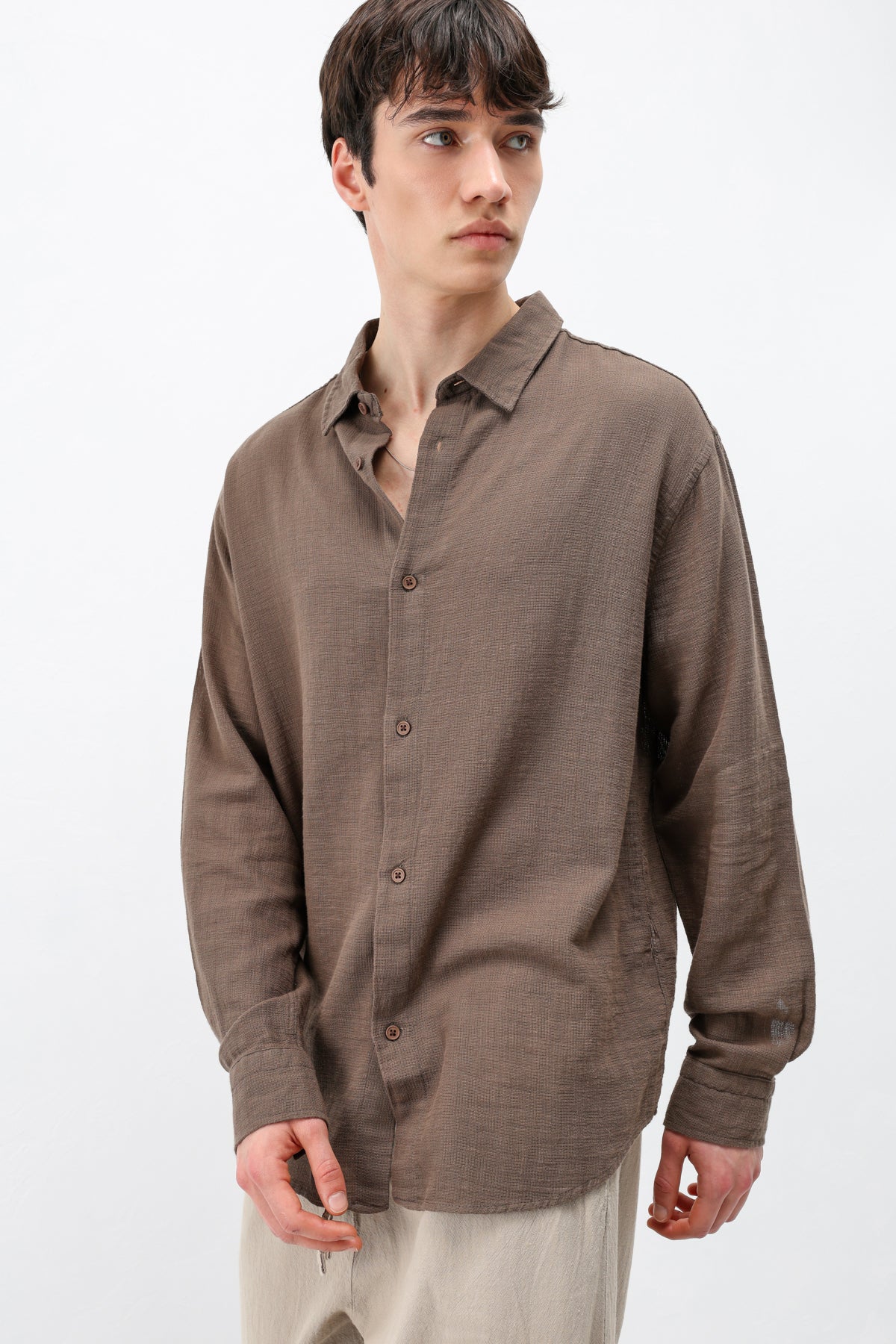 Basic Keten Oversize Gömlek Açık Kahve