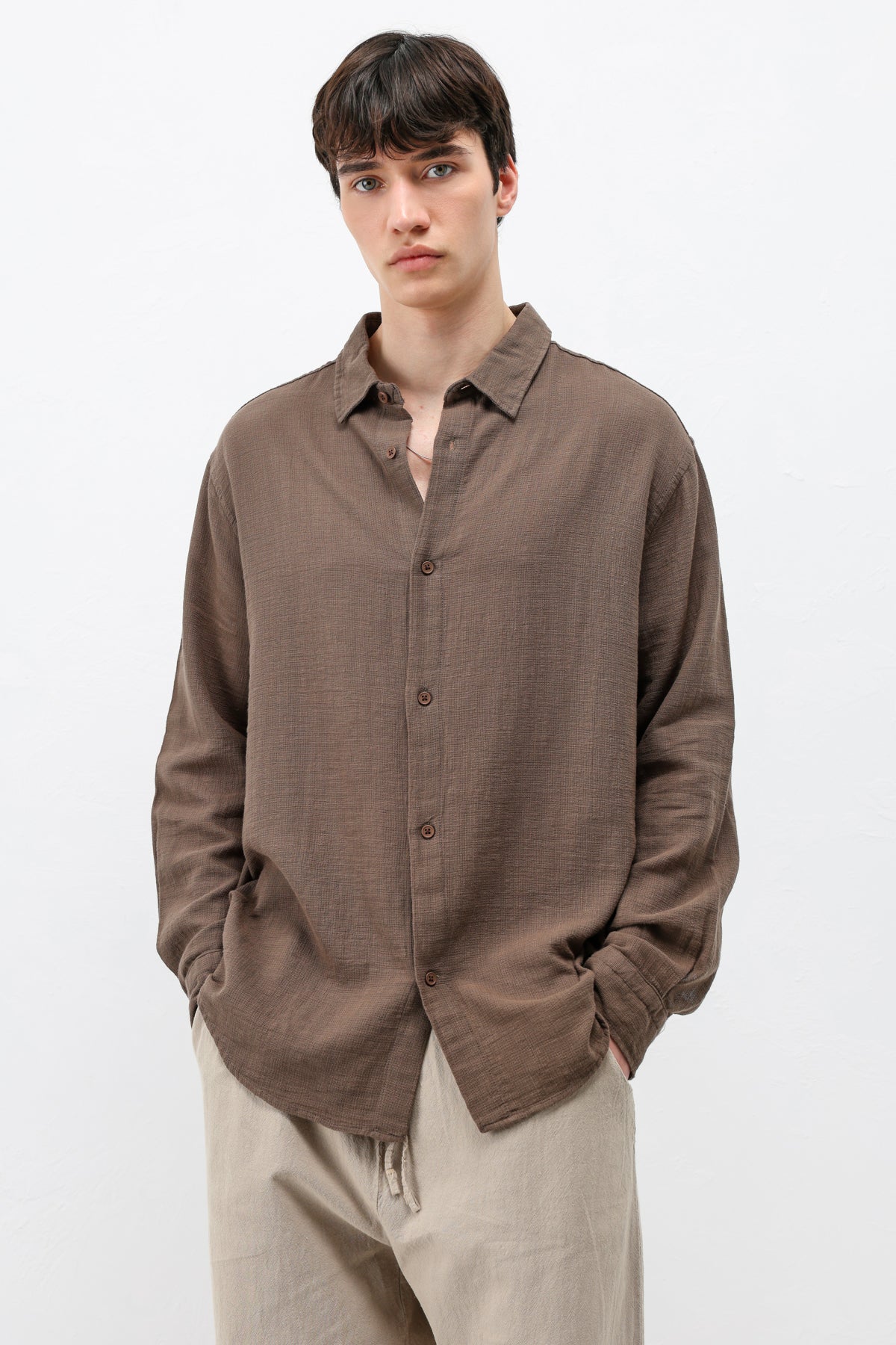Basic Keten Oversize Gömlek Açık Kahve