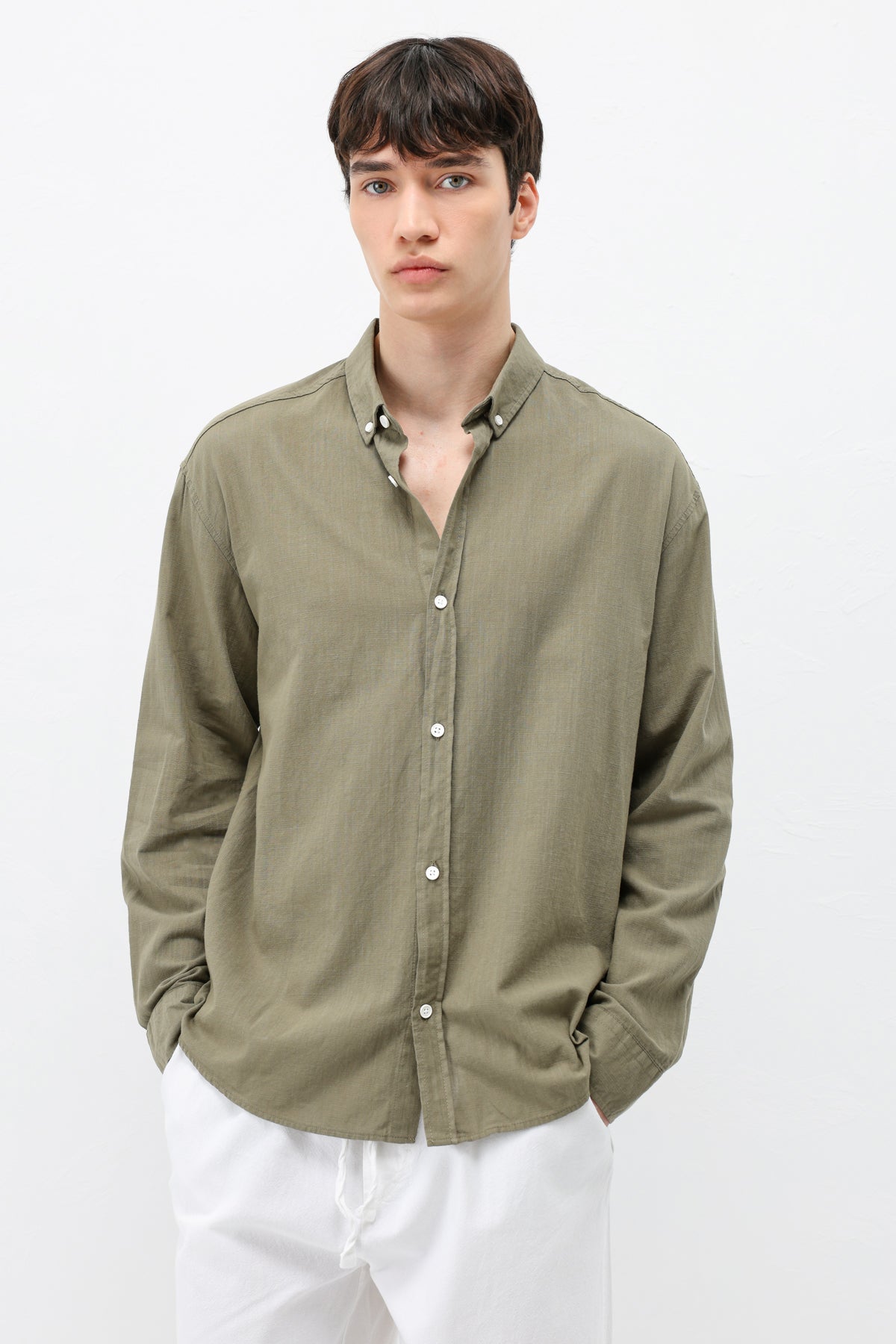 Basic Oversize Pamuk  Keten Gömlek Haki