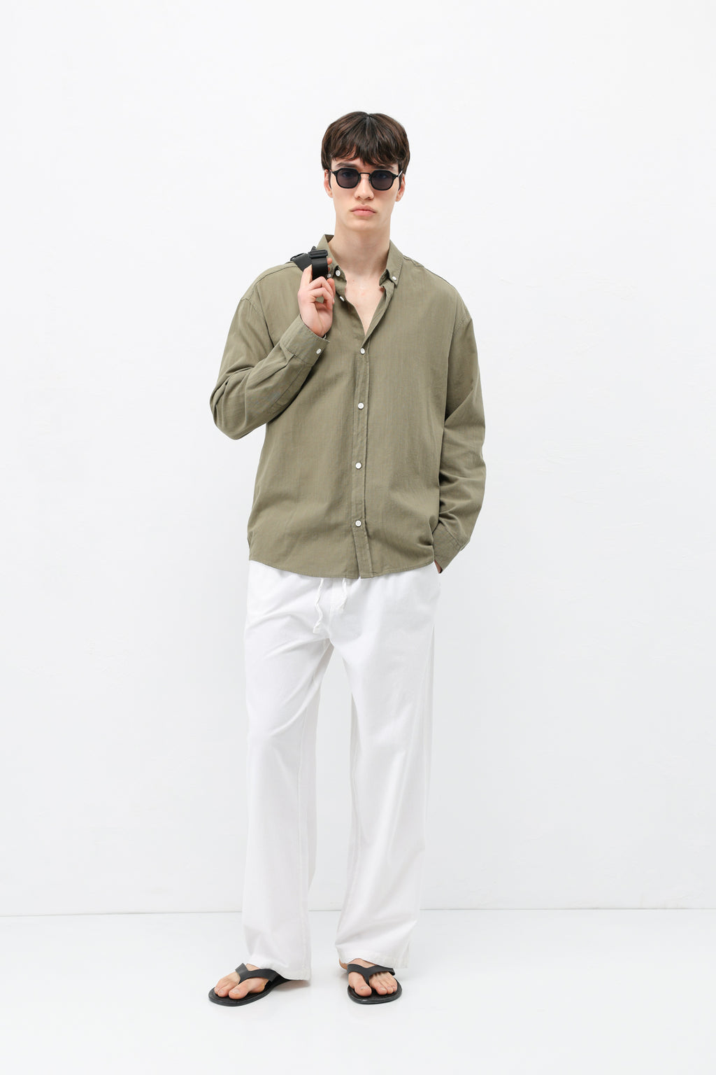 Basic Oversize Pamuk  Keten Gömlek Haki
