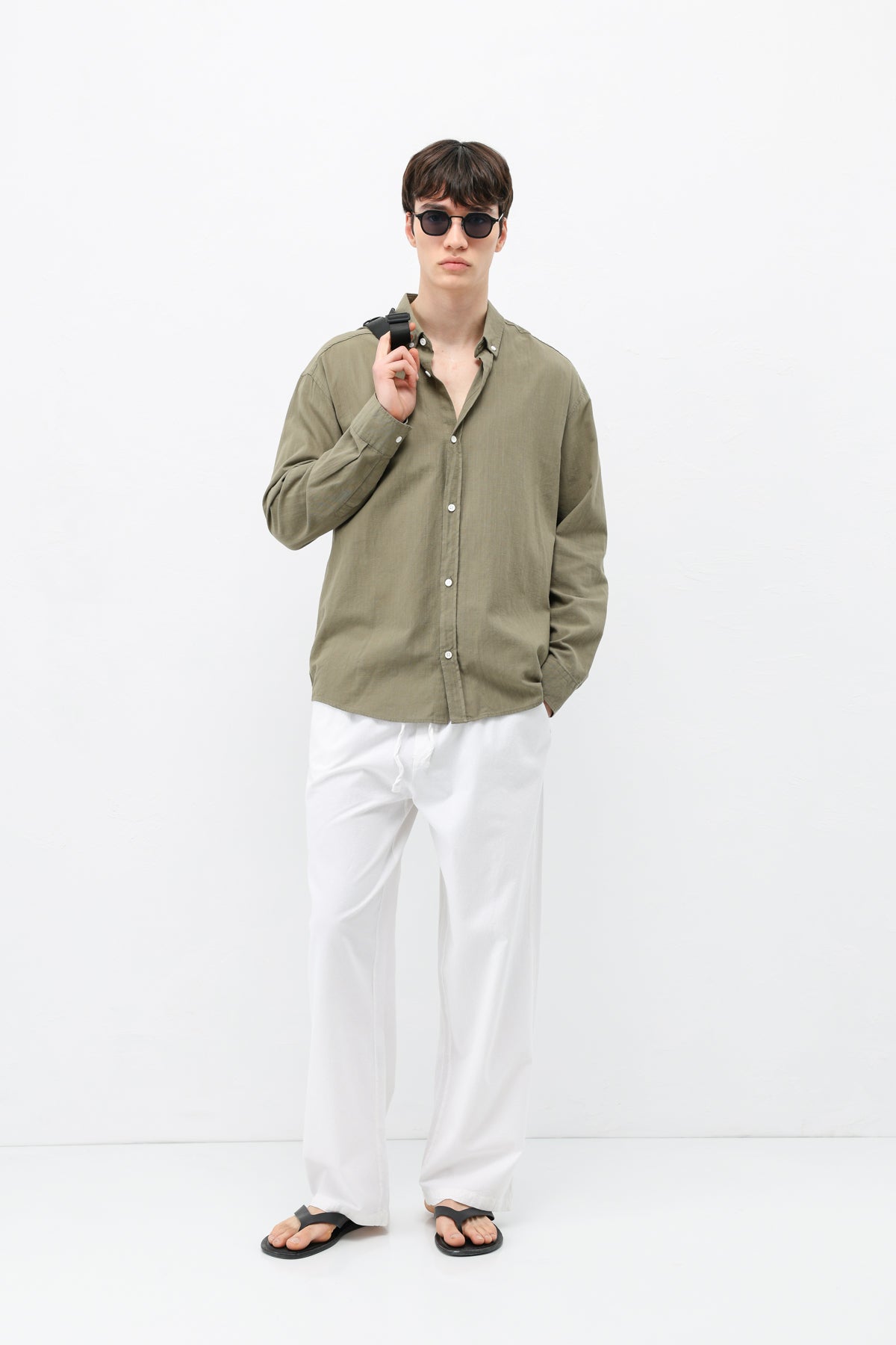 Basic Oversize Pamuk  Keten Gömlek Haki