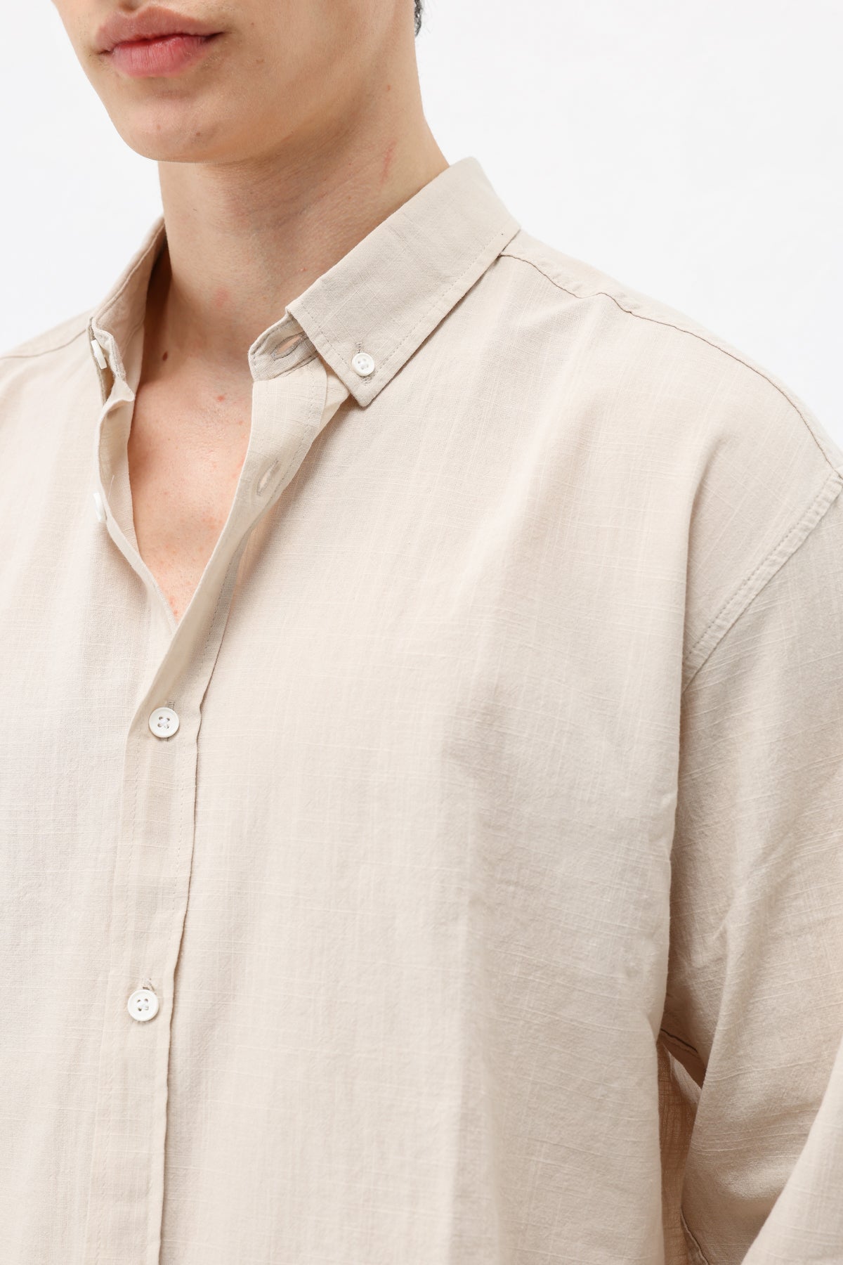 Basic Oversize Pamuk  Keten Gömlek Bej