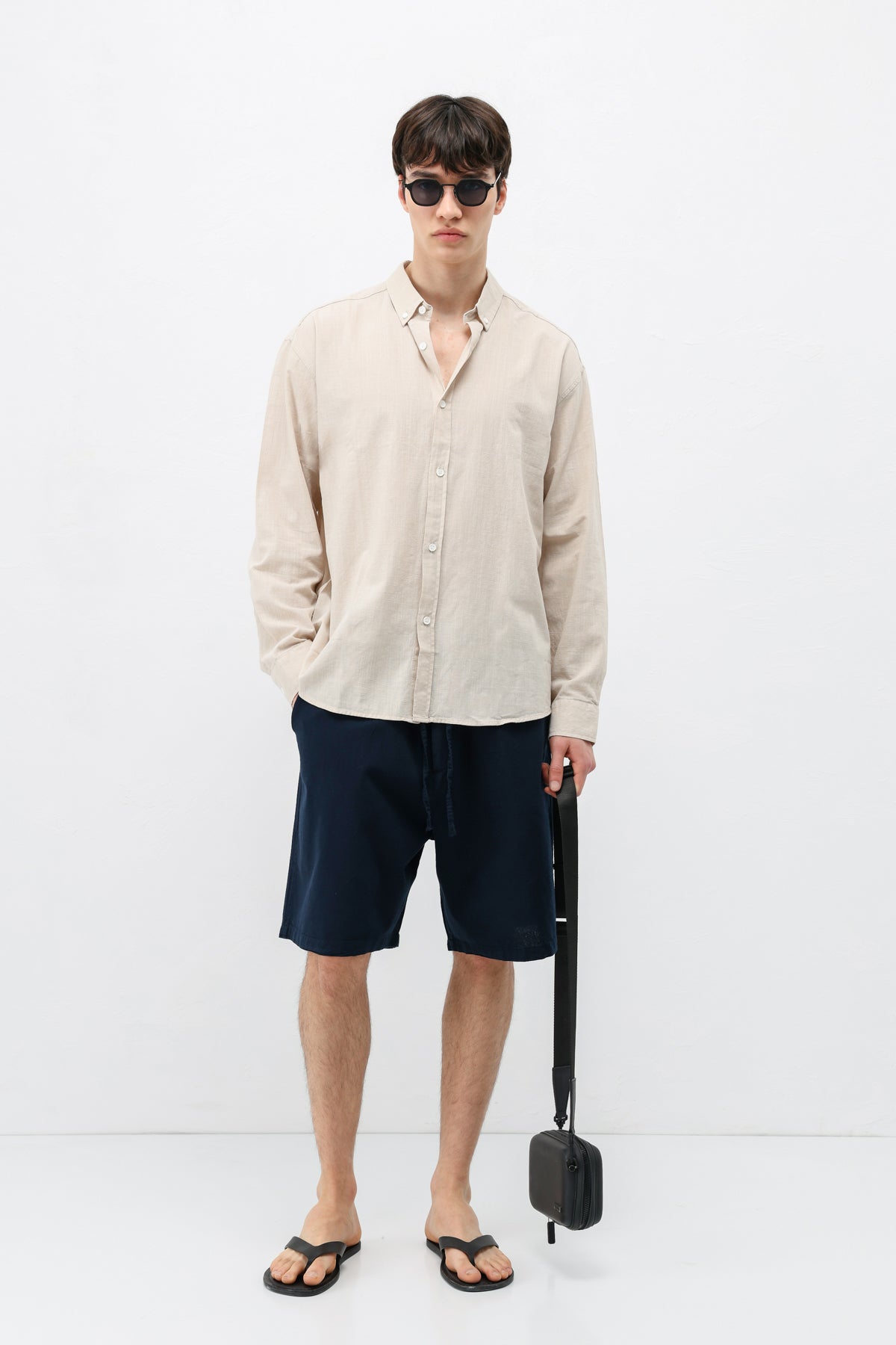 Basic Oversize Pamuk  Keten Gömlek Bej