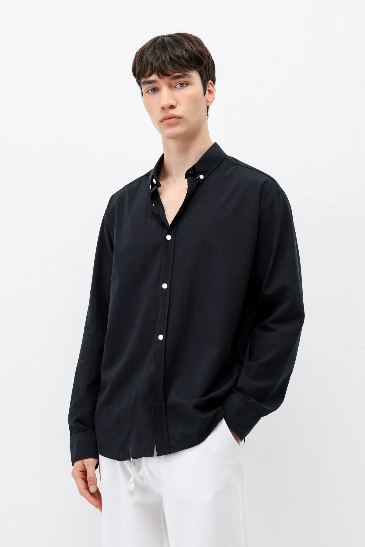 Basic Oversize Pamuk  Keten Gömlek Siyah