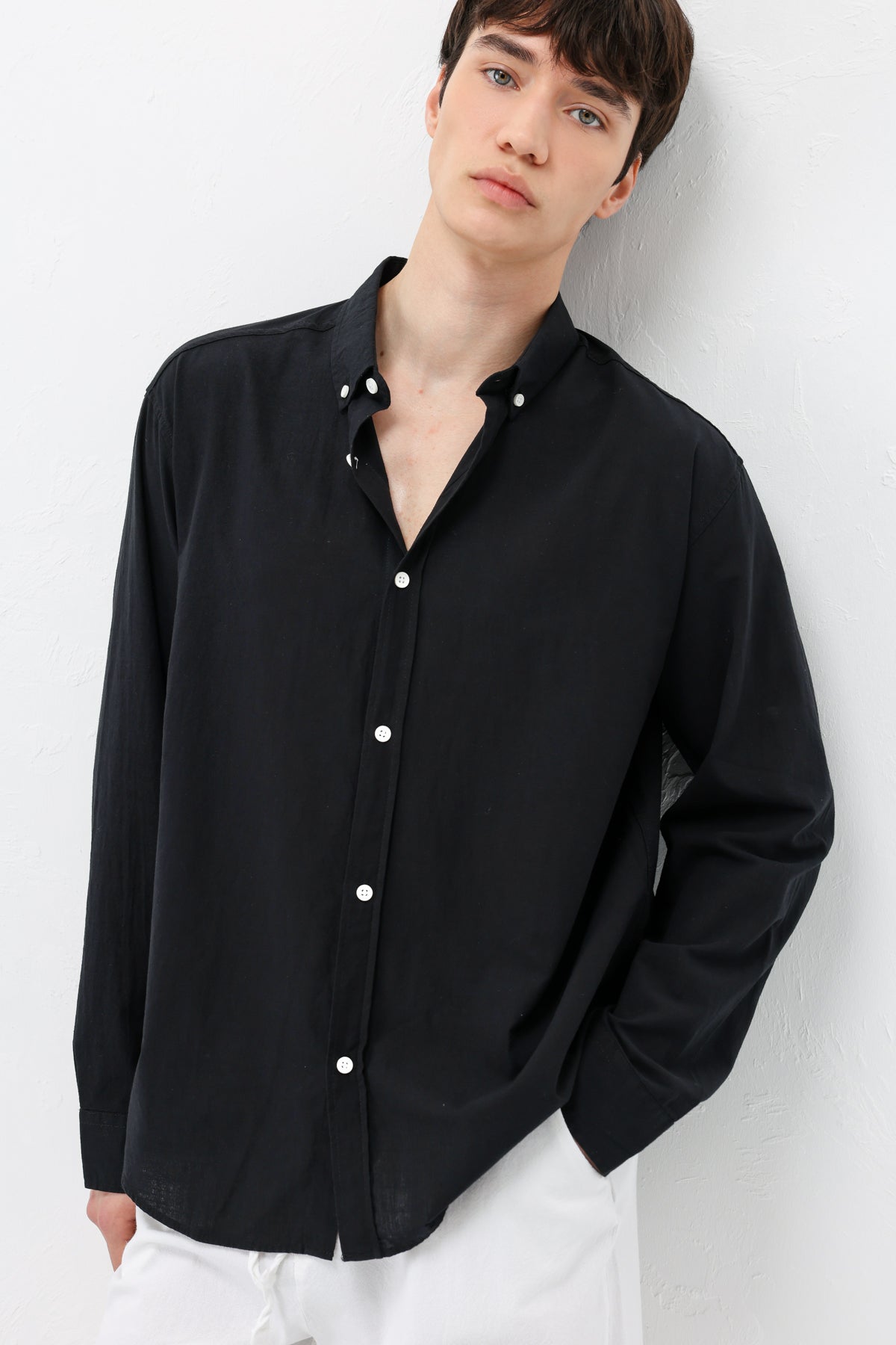 Basic Oversize Pamuk  Keten Gömlek Siyah