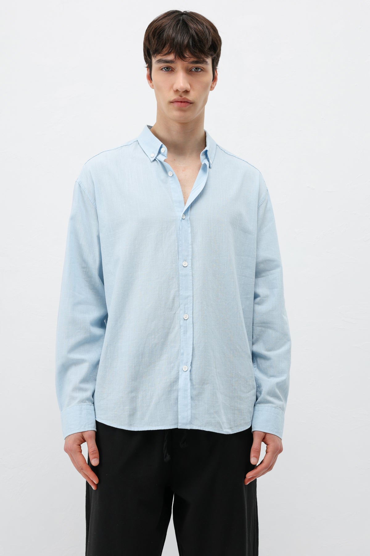 Basic Oversize Pamuk  Keten Gömlek Mavi