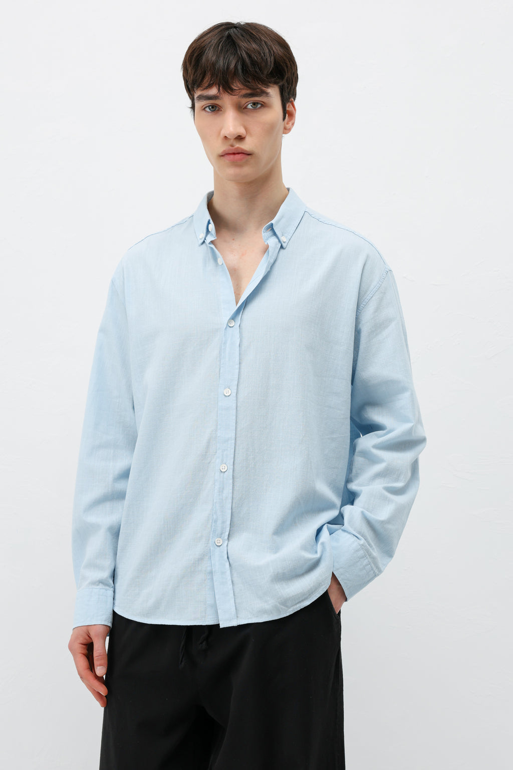 Basic Oversize Pamuk  Keten Gömlek Mavi