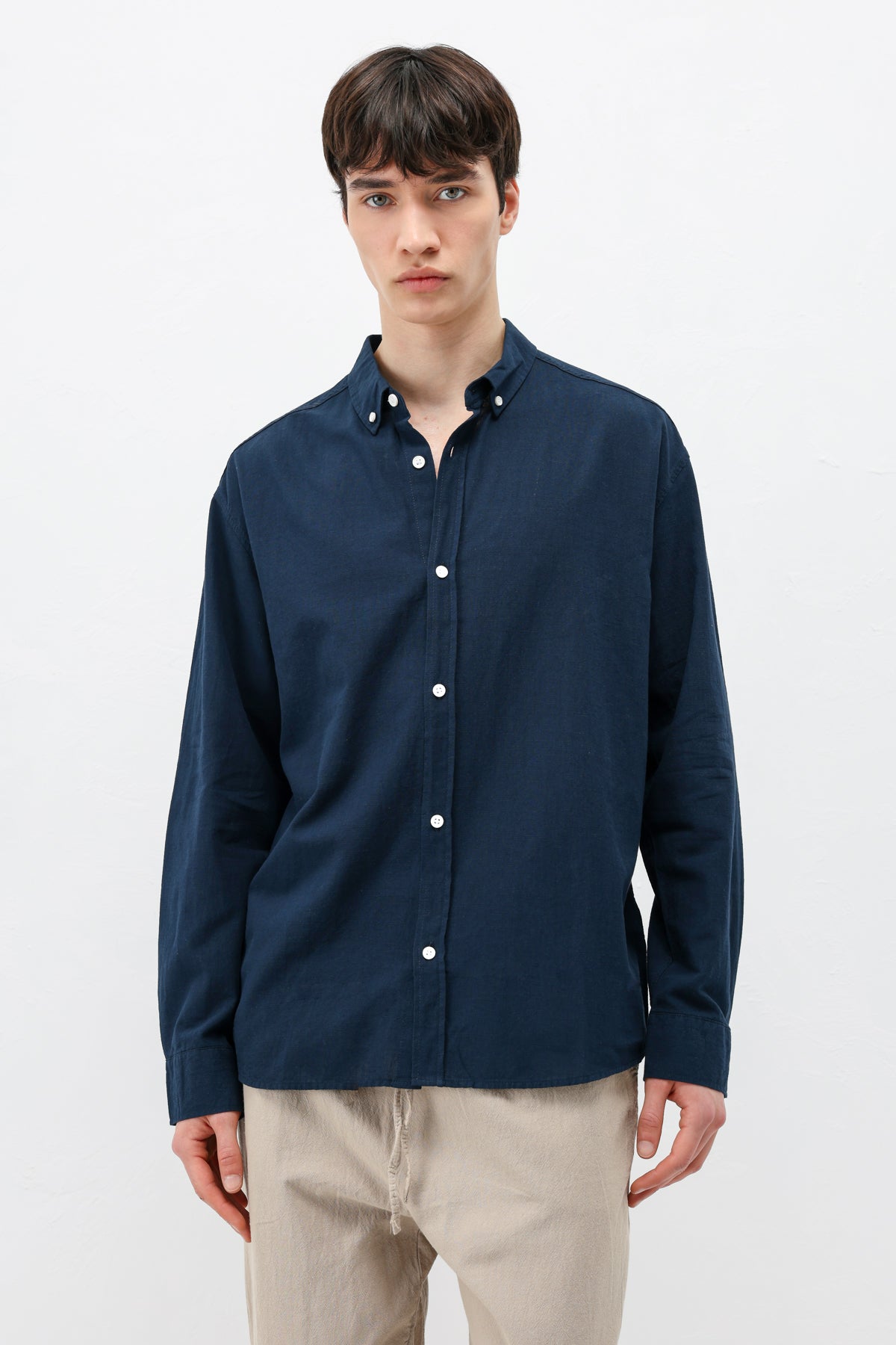 Basic Oversize Pamuk  Keten Gömlek Lacivert