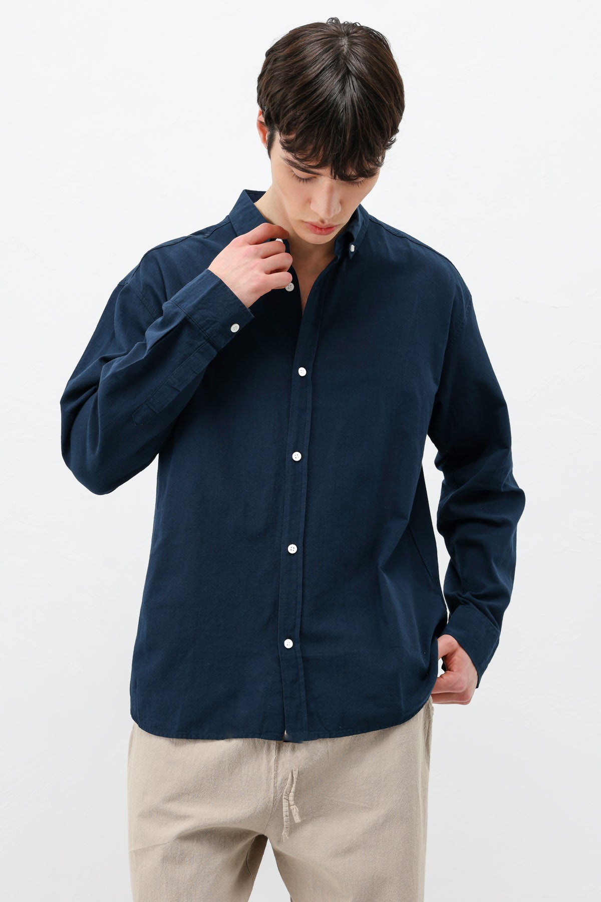Basic Oversize Pamuk  Keten Gömlek Lacivert
