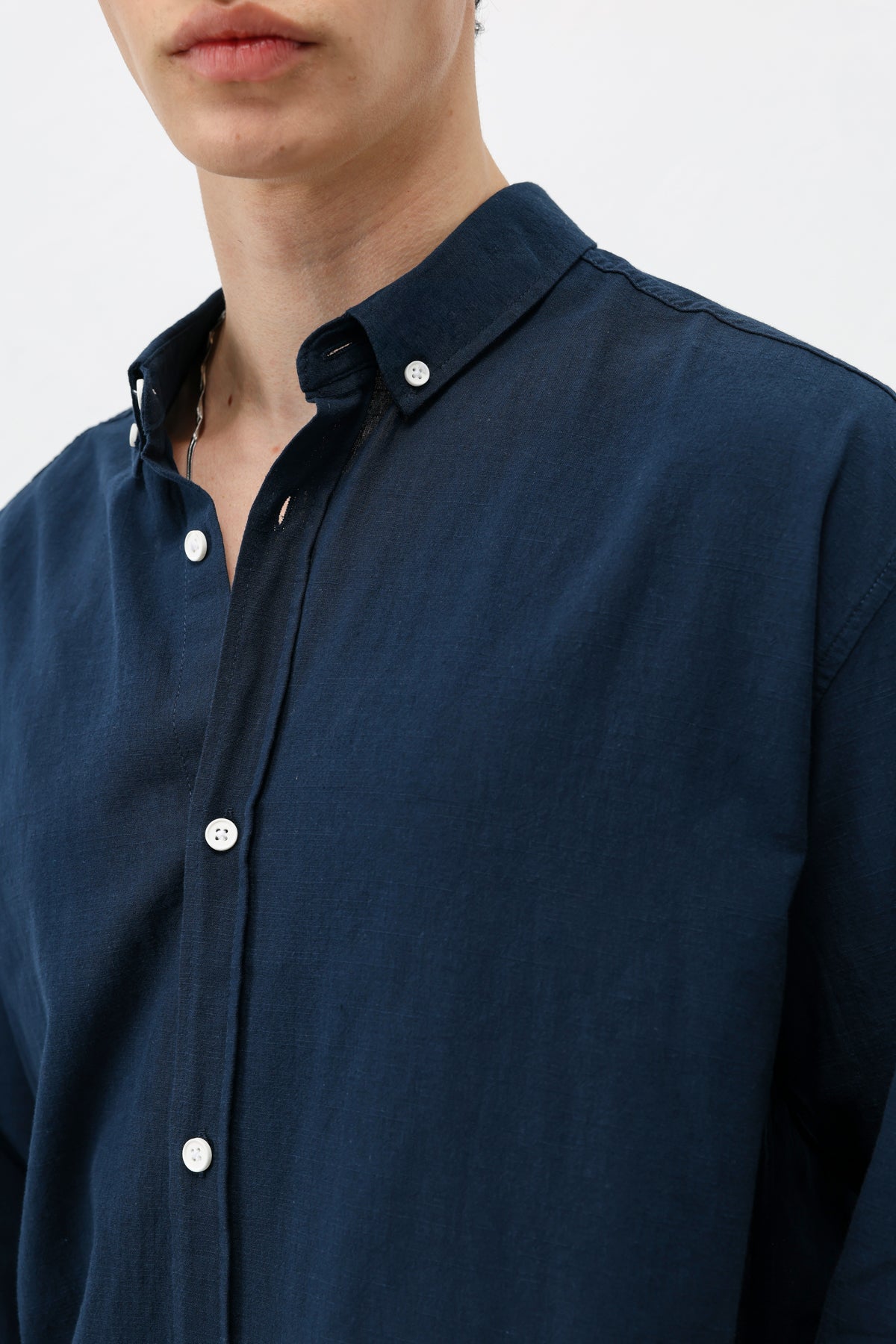 Basic Oversize Pamuk  Keten Gömlek Lacivert