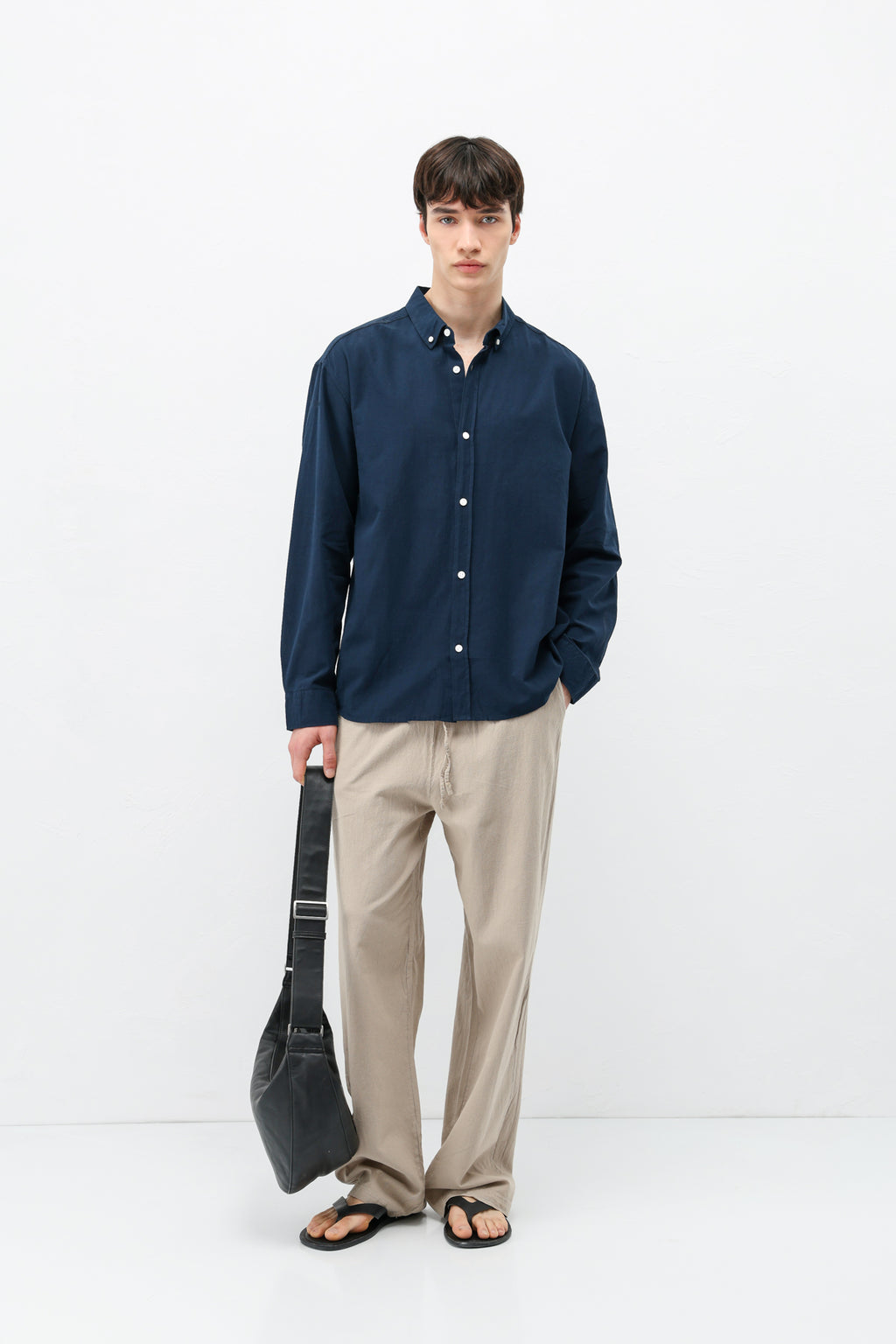 Basic Oversize Pamuk  Keten Gömlek Lacivert