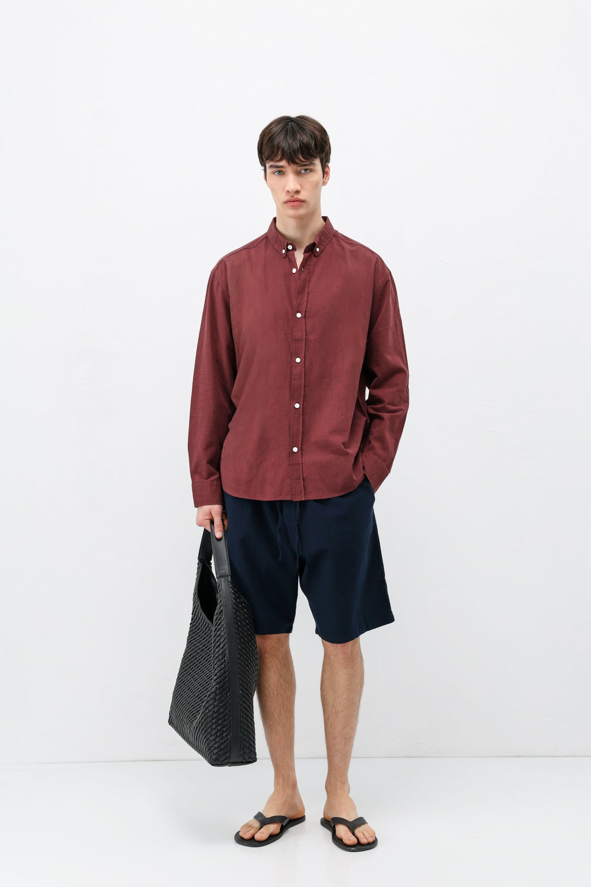 Basic Oversize Pamuk  Keten Gömlek Bordo