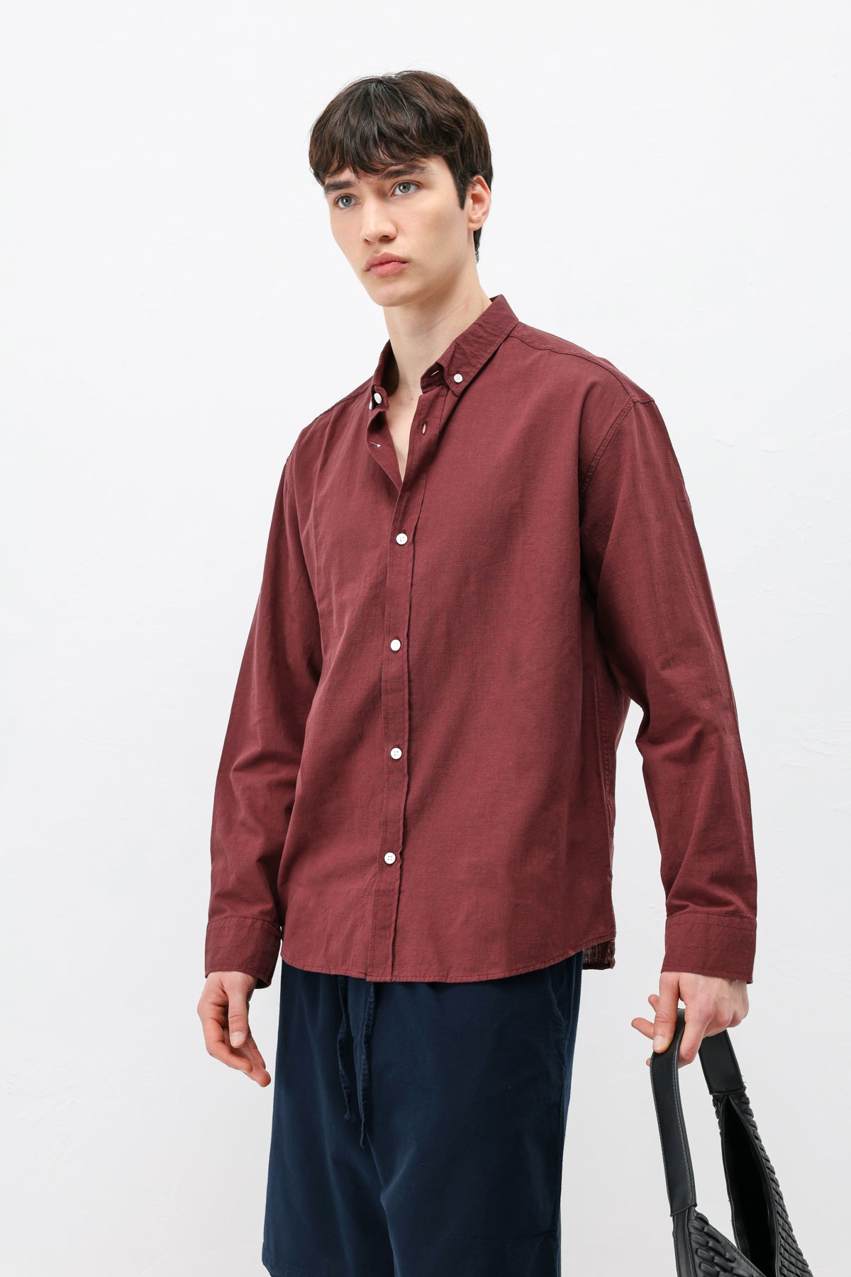 Basic Oversize Pamuk  Keten Gömlek Bordo