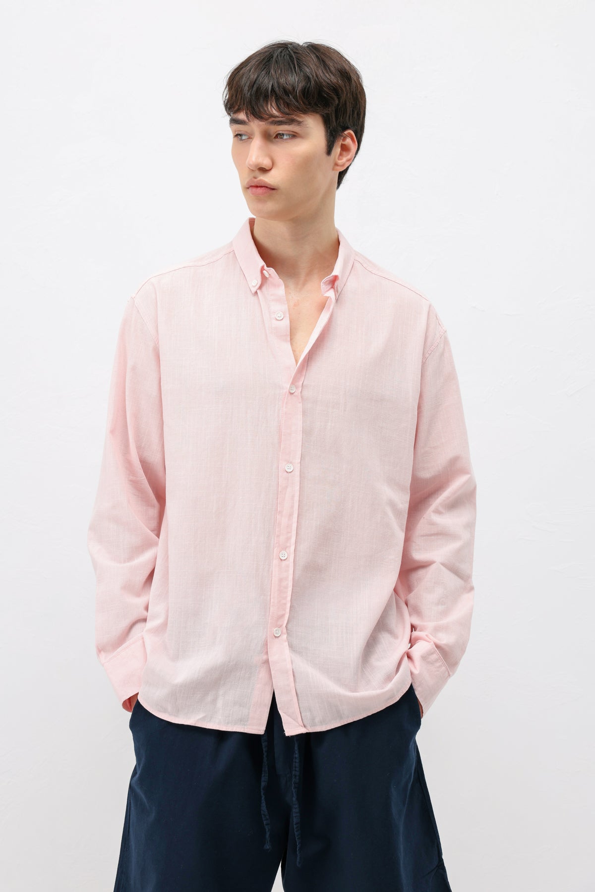 Basic Oversize Pamuk  Keten Gömlek Pembe