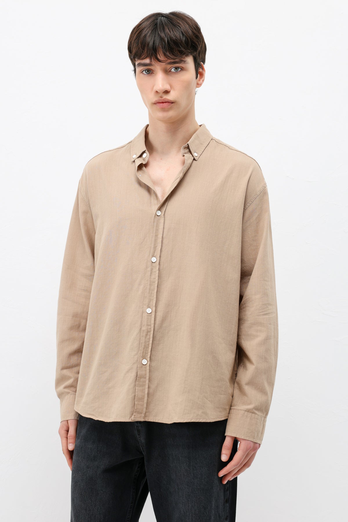 Basic Oversize Pamuk  Keten Gömlek Vizon