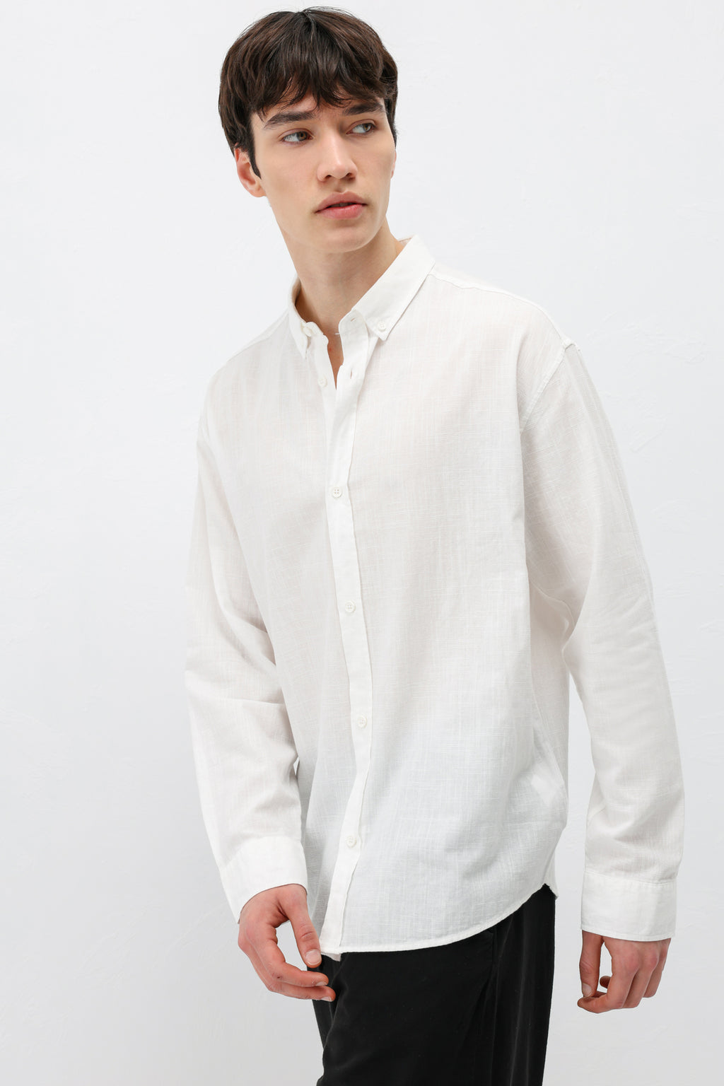 Basic Oversize Pamuk  Keten Gömlek Ekru