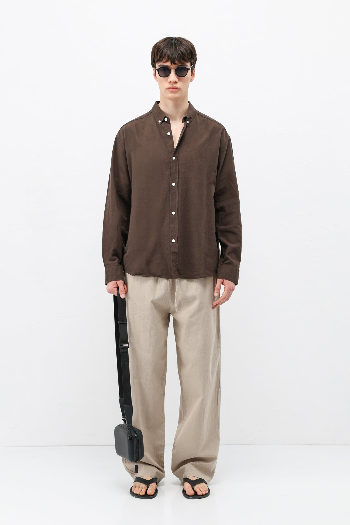 Basic Oversize Pamuk  Keten Gömlek Kahve