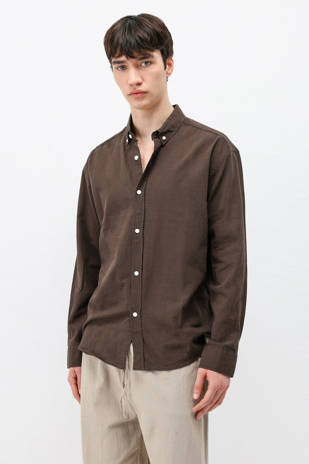 Basic Oversize Pamuk  Keten Gömlek Kahve