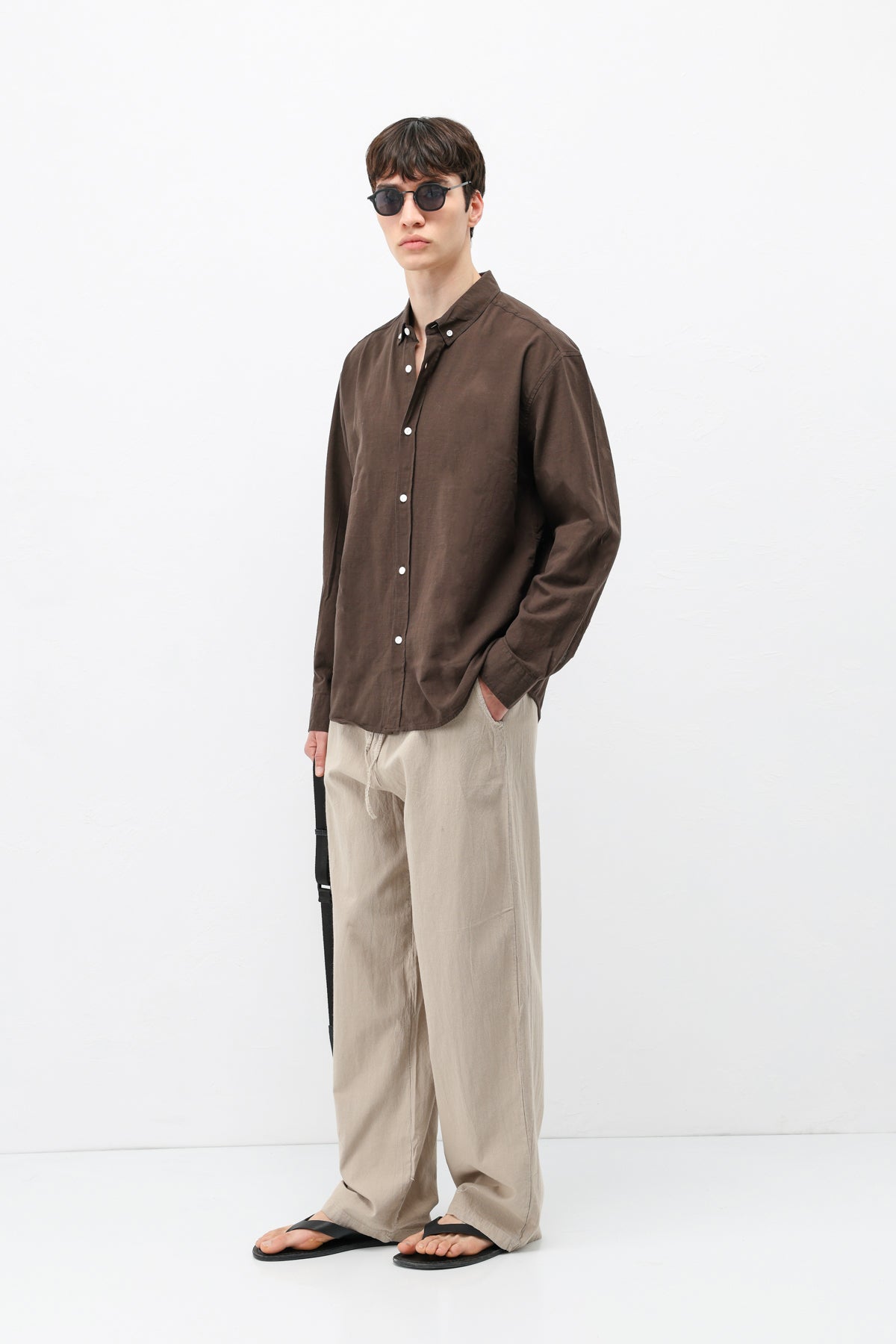 Basic Oversize Pamuk  Keten Gömlek Kahve