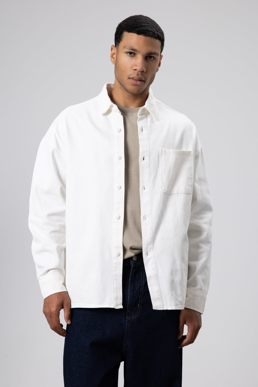 Oversize Gabardin Gömlek Ceket Beyaz
