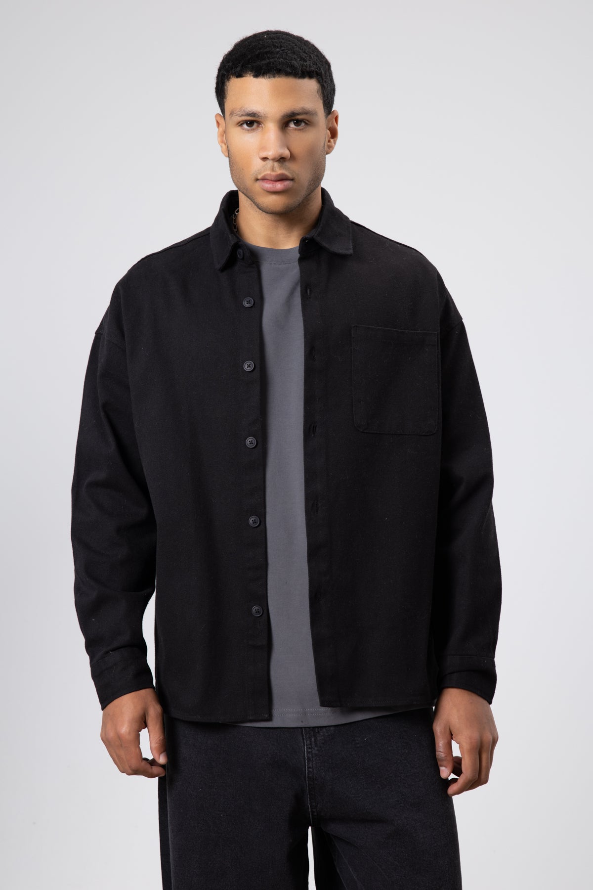 Oversize Gabardin Gömlek Ceket Siyah